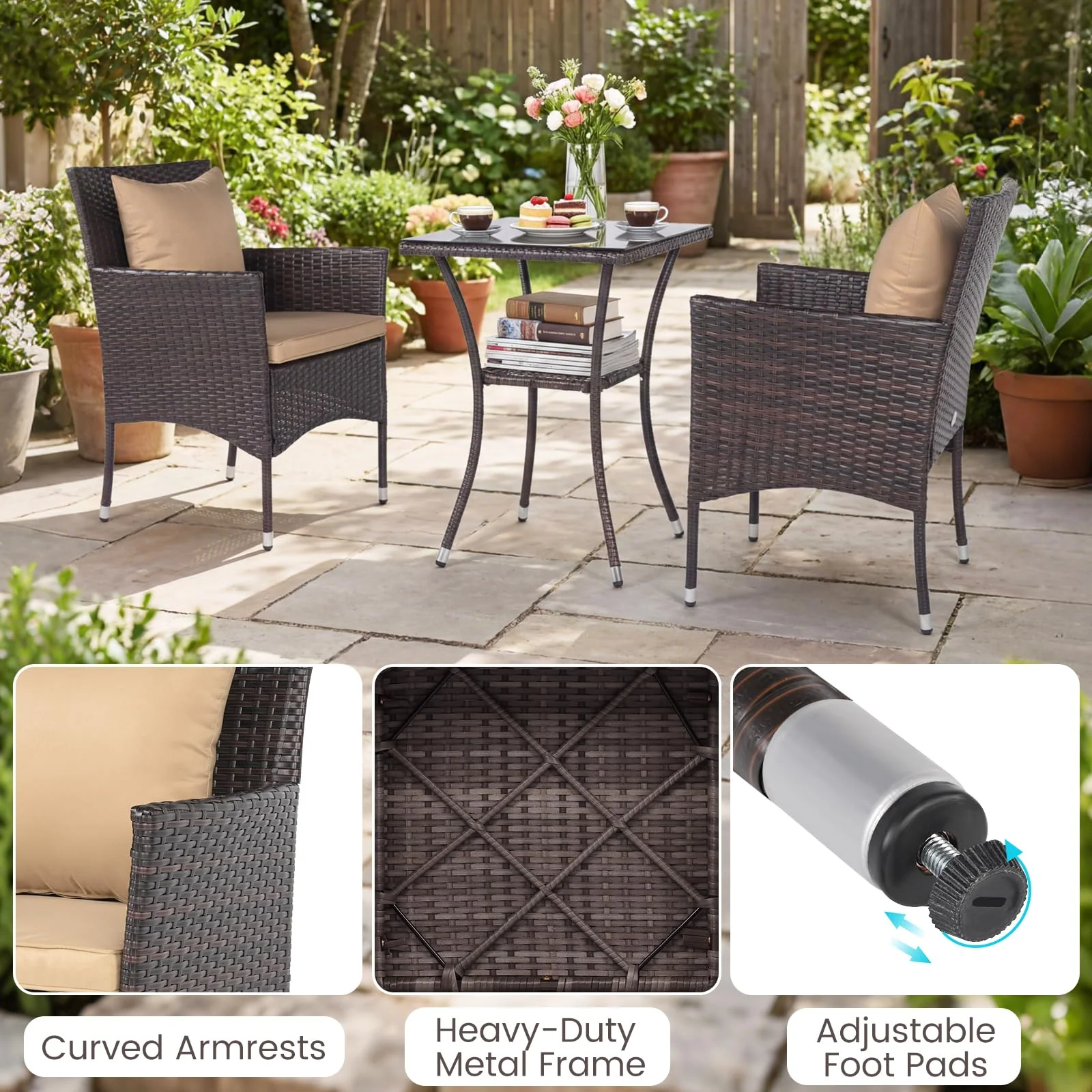 Tangkula 3 Pieces Patio Wicker Bistro Set | 2 Rattan Chairs w/ 2-Tier Tempered Glass Table