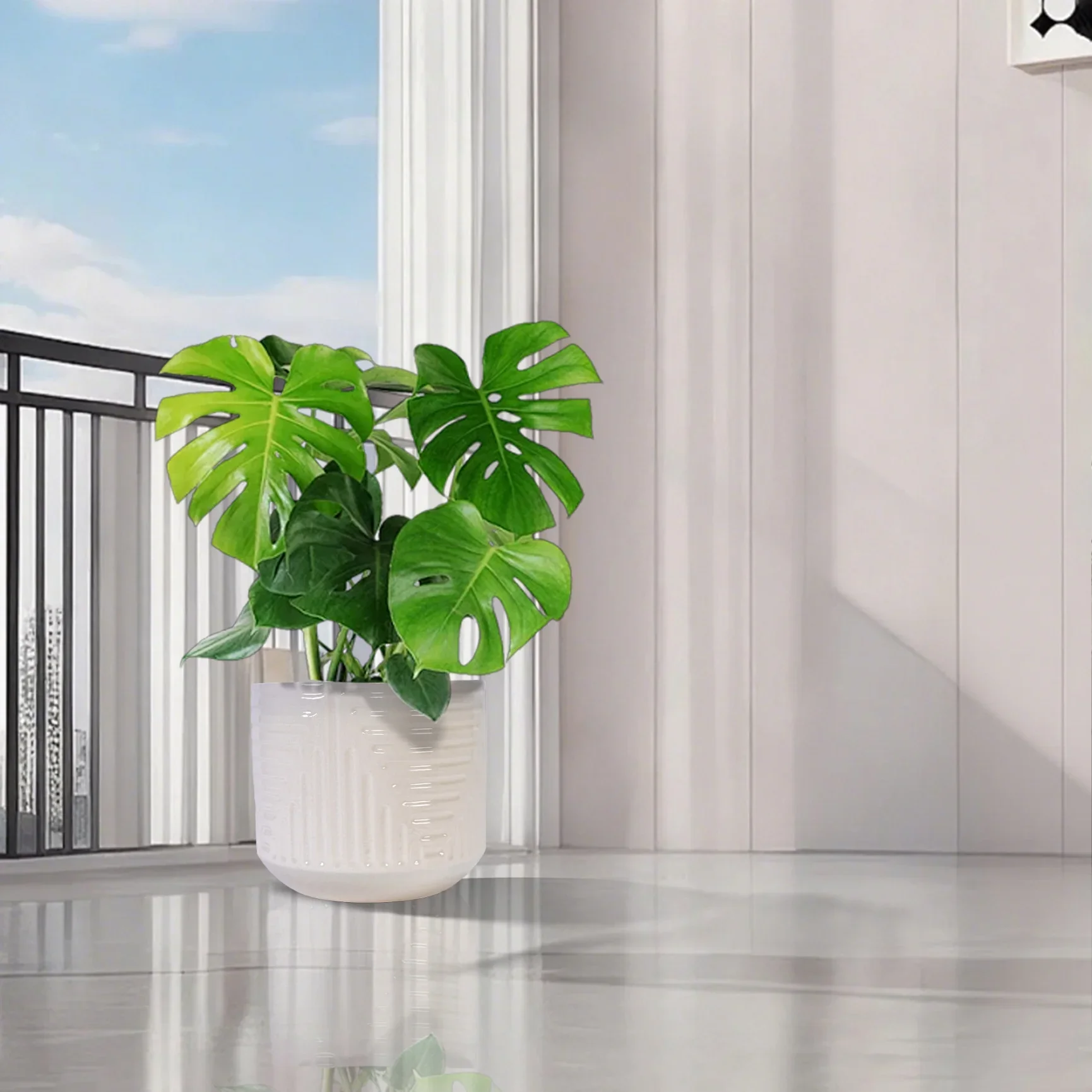 Modern Ceramic Flowerpot with Drainage Hole - Frost/Heat Resistant All-Weather Planter for Patio, Garden & Windowsill - White Glossy Finish, Ready-to-Use