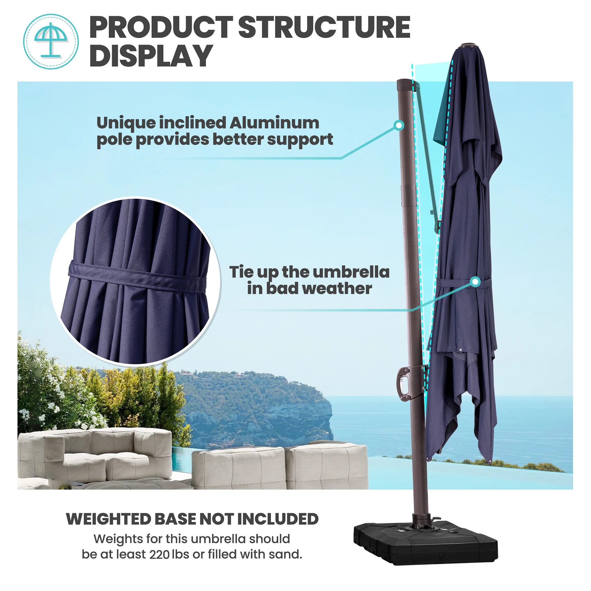 10 ft. x 10 ft. Square Double Top Patio Cantilever Umbrella, Navy Blue(Blue) - Image 10