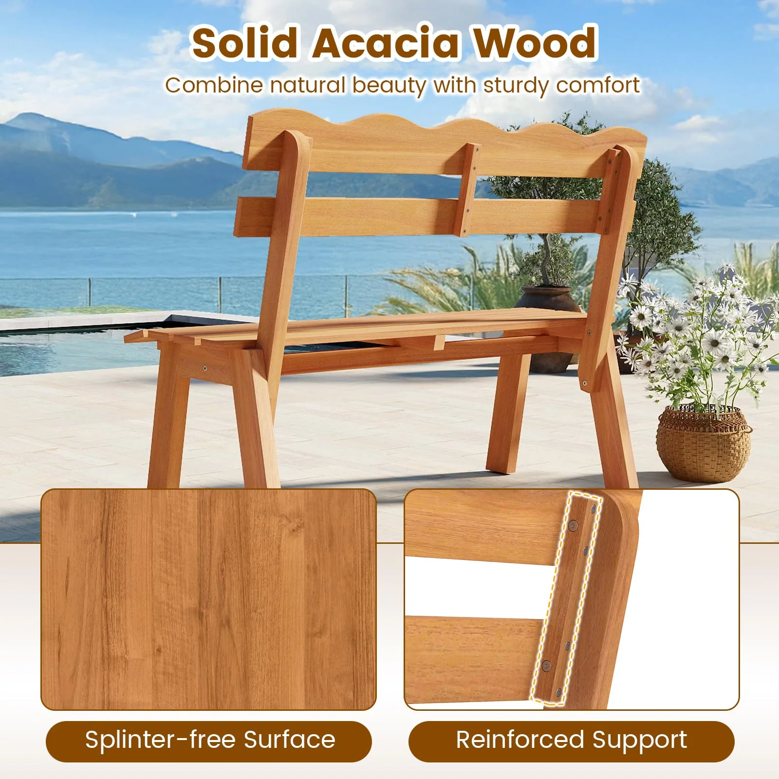 Tangkula 2 Person Patio Garden Bench with Waved Backrest and Slatted Seat