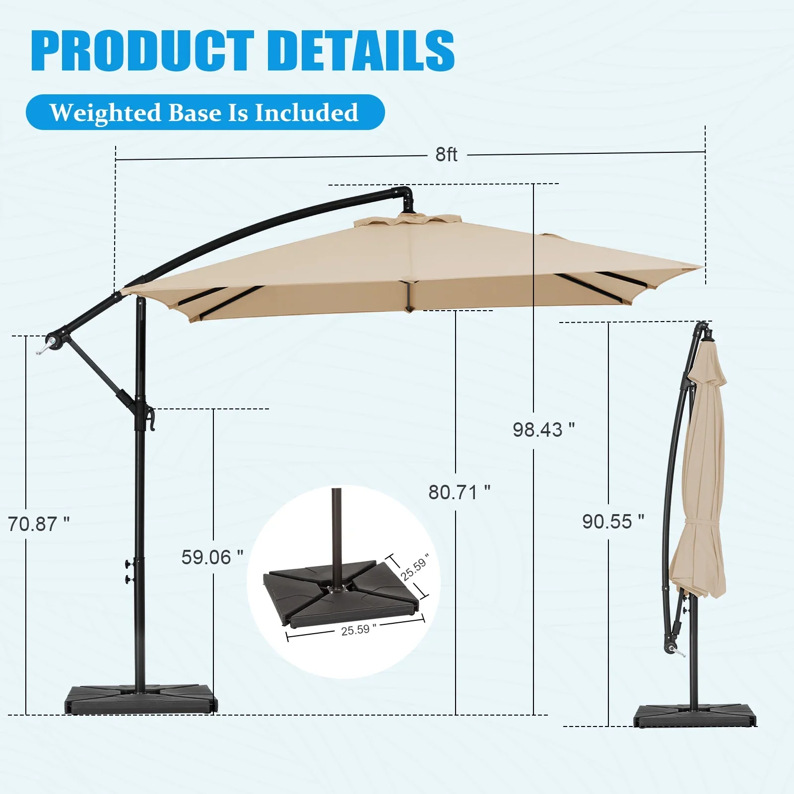 JUSTLET 8 x 8 ft Outdoor Square Hanging Offset Cantilever Umbrella for Garden, Base Included, Beige