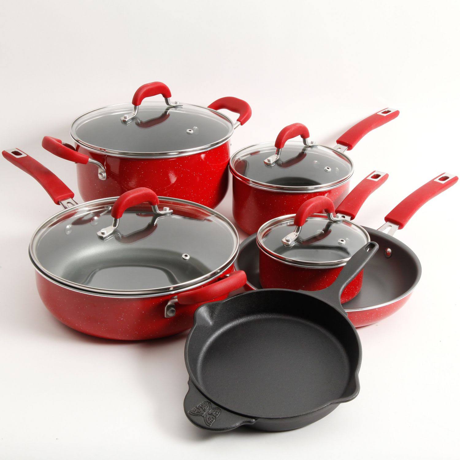 The Pioneer Woman Vintage Speckle 10-Piece Non-Stick Pre-Seasoned Pots and Pans Cookware Set, Size: 10-Piece Cookware Set, Red