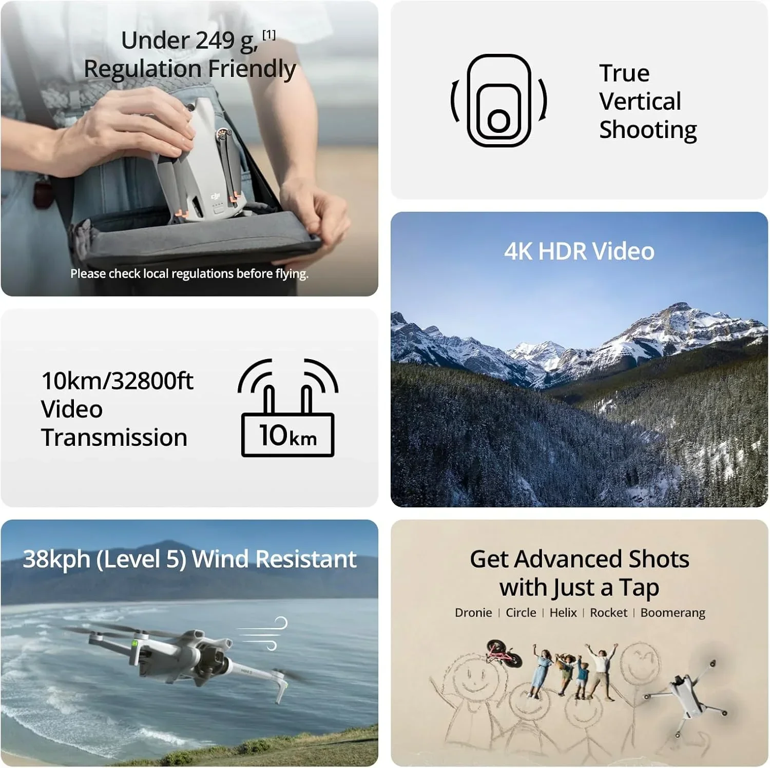 Drone DJI Mini 3 avec caméra pour adultes, 4K, autonomie de vol de 38 min, jusqu'à 10 000 m (32 800 pieds).