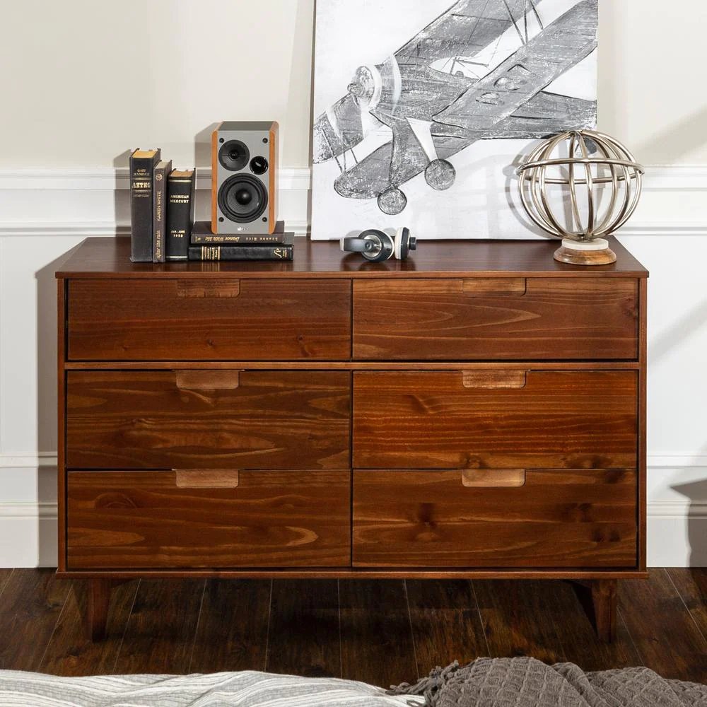 Commode en bois caramel à 6 tiroirs, style moderne du milieu du siècle