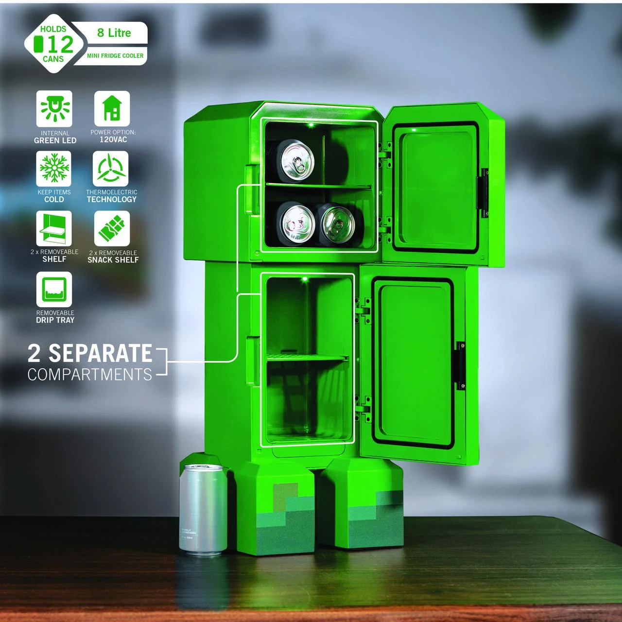Creeper Mini Fridge 2 Door, 8L, Green, 25.2" H 9.5" W 9.1" D - Image 6