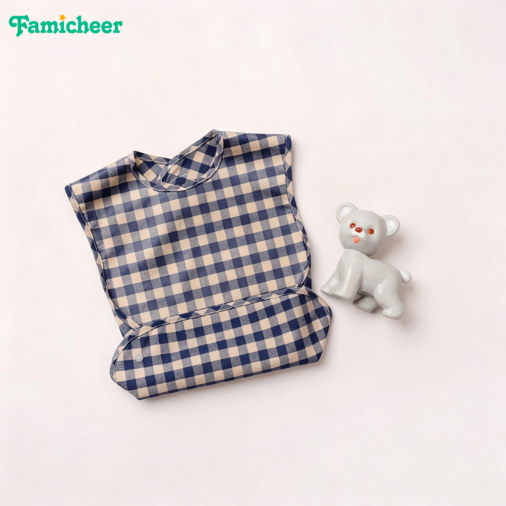 Waterproof Coated Fabric Infant Bib Gingham Plaid Sleeveless Design Detachable Crumb Catcher Baby Bib for Baby Self Feeding Time