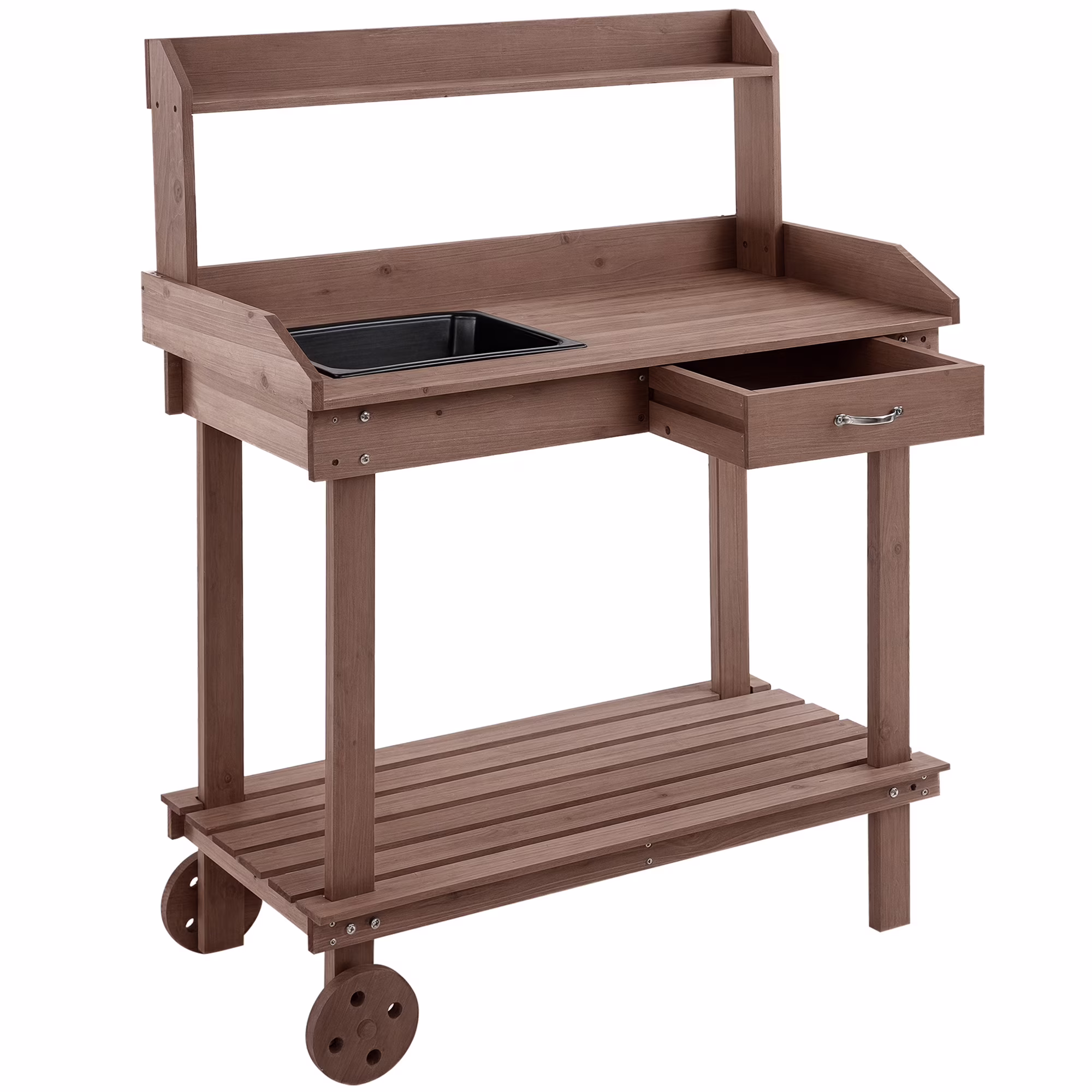 KWUXIN 36 Wooden Potting Bench Work Table with 2 Removable Wheels, Garden Workstation with Removable Sink, Drawer & Large Storage Spaces,131.99