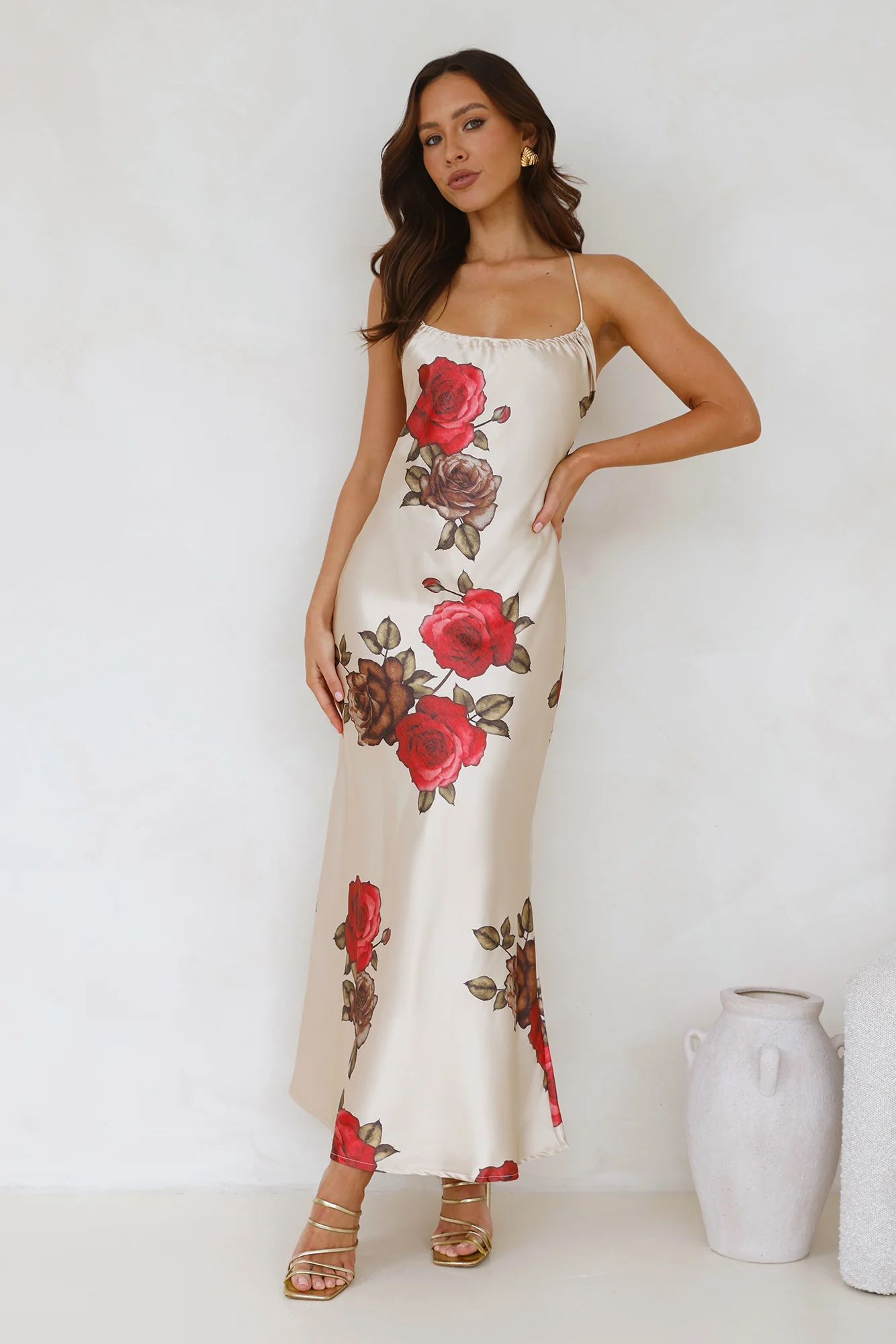 Rose Between Thorns Satin Maxi Dress Beige