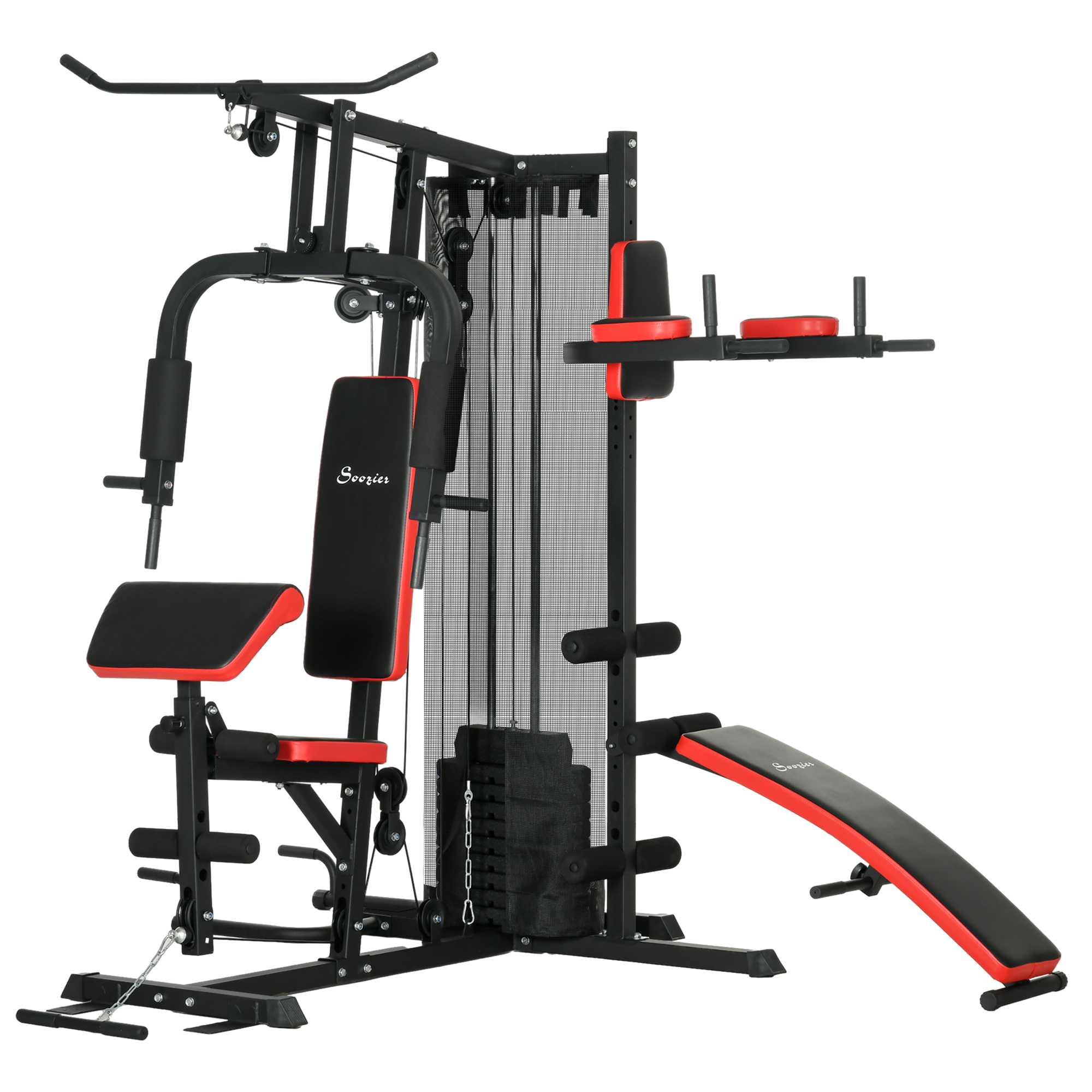 SPORTNOW Multifunctionele Trainingsstation met 65 kg Gewichtsblok, Verstelbaar, Voor Thuis Fitness, Staal, Kunstleer