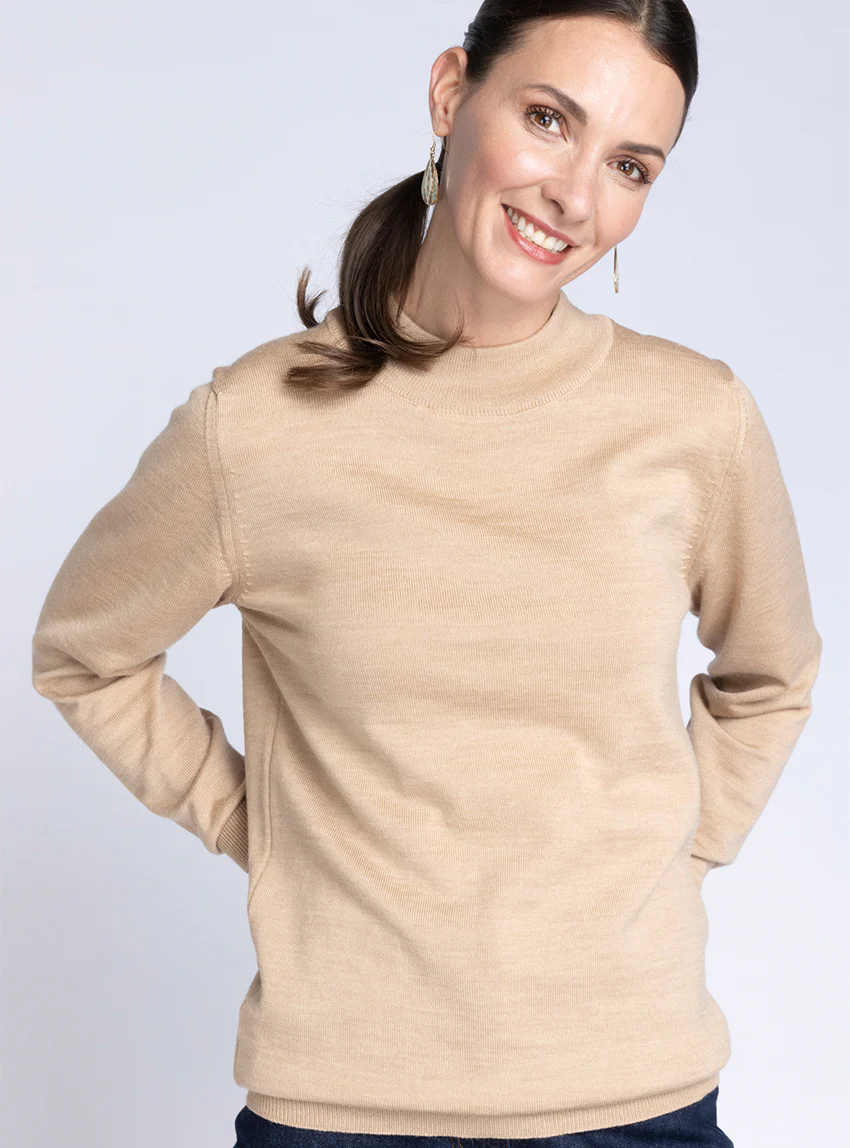 Pull femme col cheminée laine mérinos beige chaud