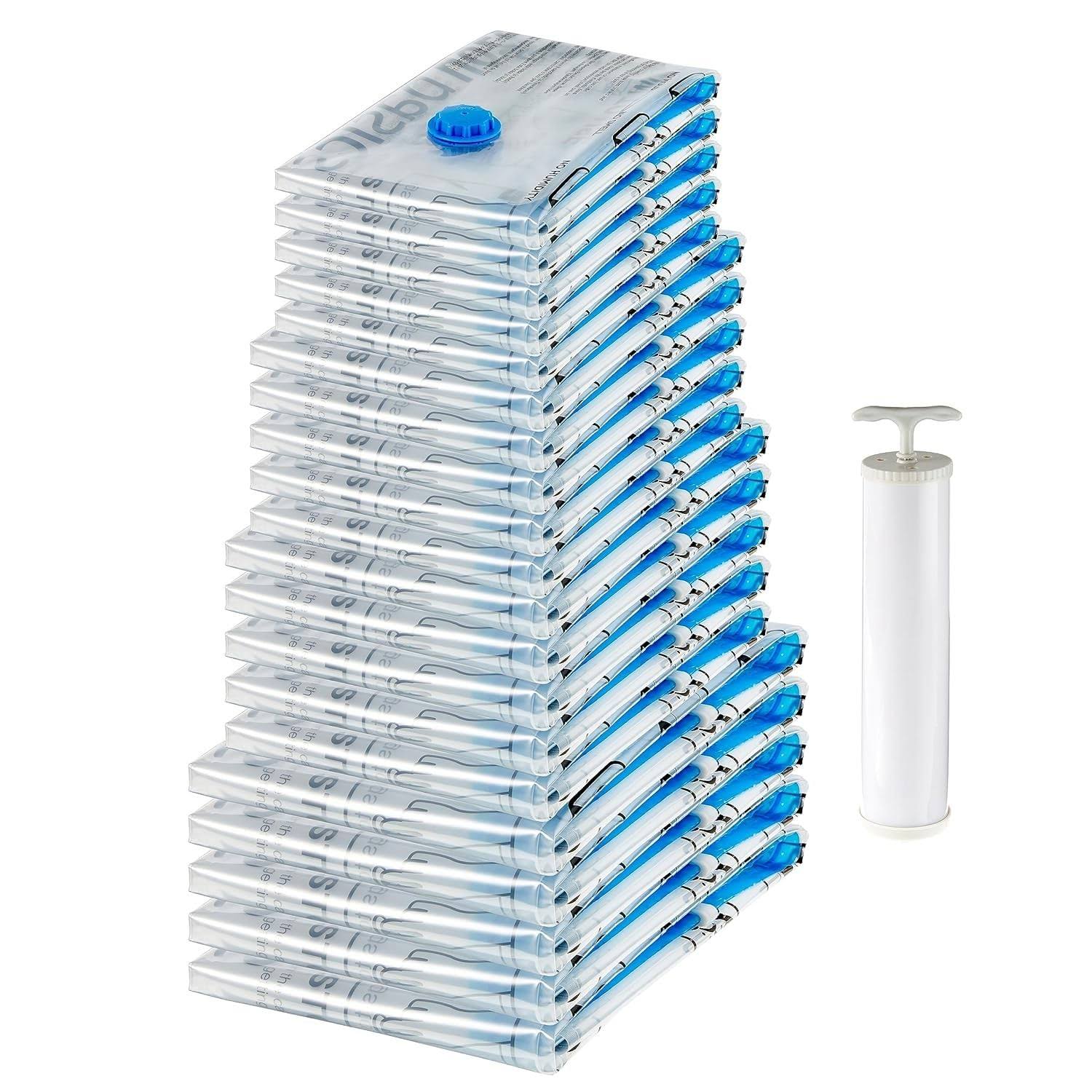 Amazon Basics Vacuum Compression Storage Bags with Hand Pump, 20 Pack (5 Small, 5 Medium, 5 Large & 5 Jumbo), Multiple size, Clear