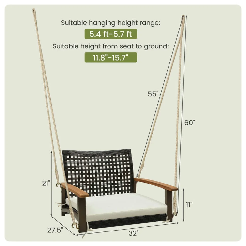 Spaco Single Rattan Porch Swing, Porch Swing with Armrests Cushion and Hanging Ropes, Durable Bench Swing for Outdoor as Garden, Patio, White