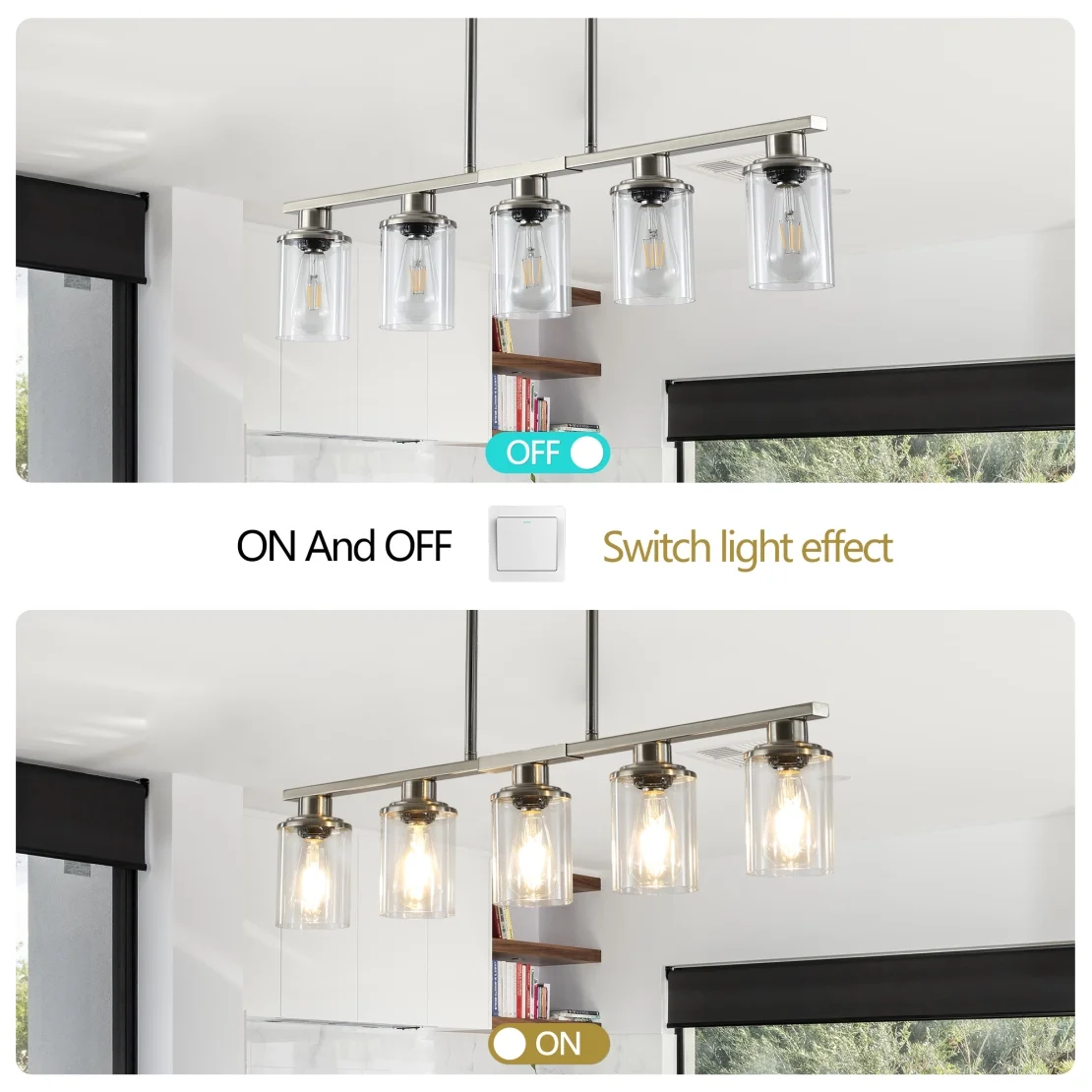5-Light Kitchen Island Pendant Light, Farmhouse Industrial Chandeliers with Two Metal Rod Supports, Rectangular Island Lights for Kitchen, Living Room, Walnut/Black
