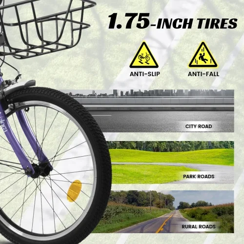 20 Inch Mountain Bicycle with Coaster Brake & V-Brake, 1-Speed, Chain Guard & Rear Rack, Lightweight Steel Frame (Pink, Green, Purple, White)
