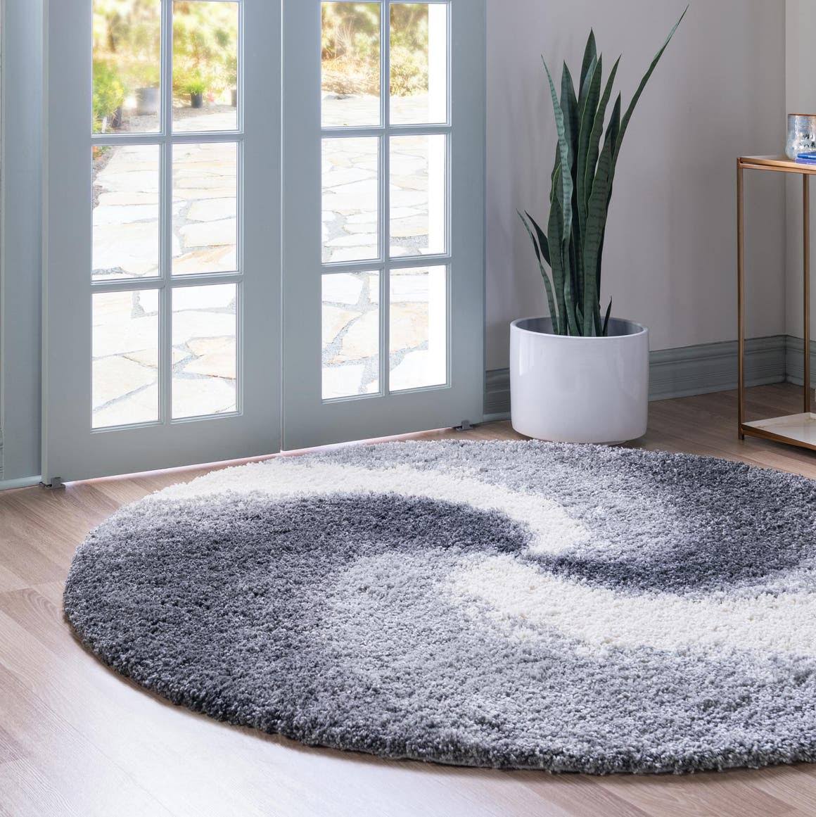 eSale Soft Touch Shag 6 ft Round Gray Abstract Area Rug