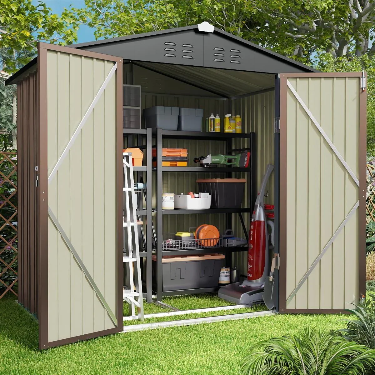 Lofka 6 x 4 FT Outdoor Shed for Storage, Metal Garden Shed with Double Lockable Doors, Brown