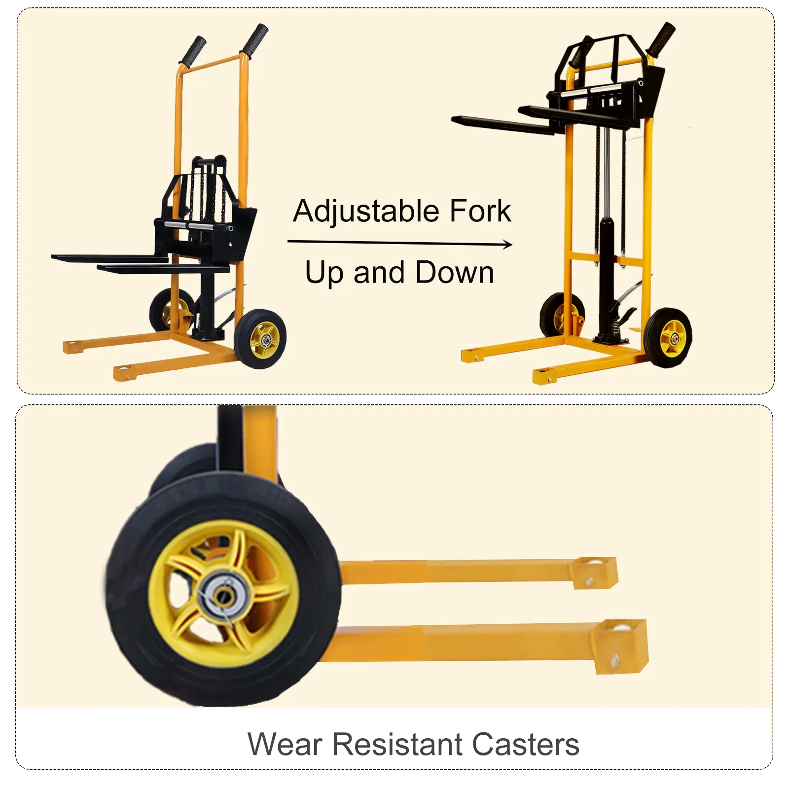 Small Manual Forklift Hydraulic Stacker, Portable Material Lift Truck with Adjustable Forks and Fixed Legs, 440 Lbs Straight Wheel Stacker Truck (Without Pallets) - Image 5