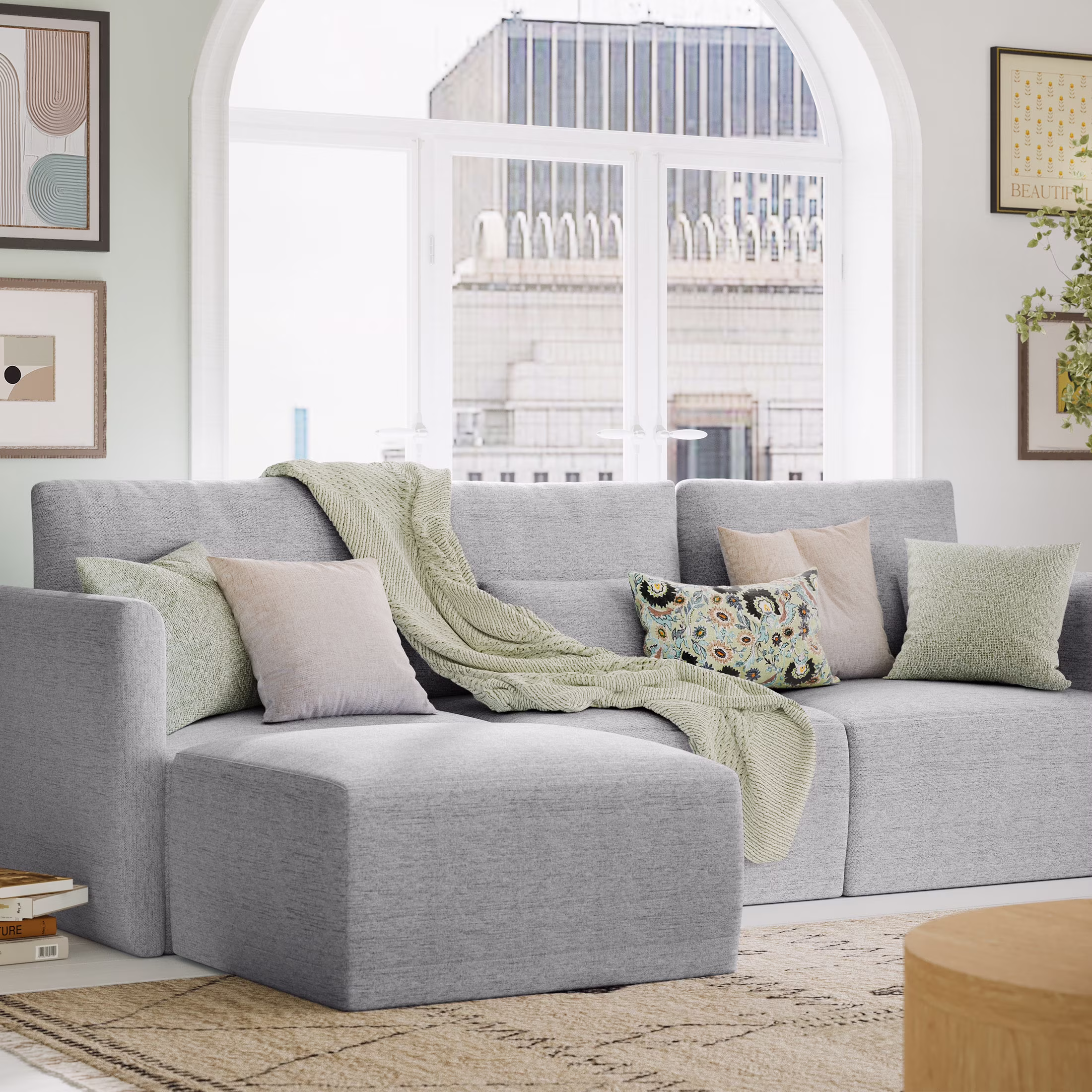 Beautiful Drew Modular Sectional Sofa with Ottoman, Gray Fabric(Gray)