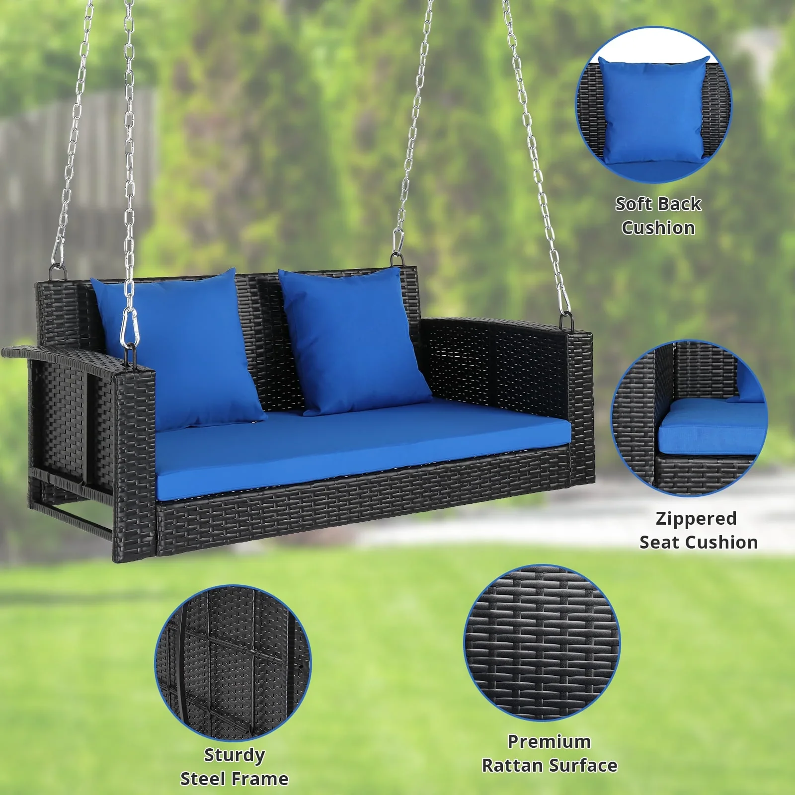 SamyoHome Garden Swing Rattan Wicker  Hanging Swing Bench w/ Blue Cushion