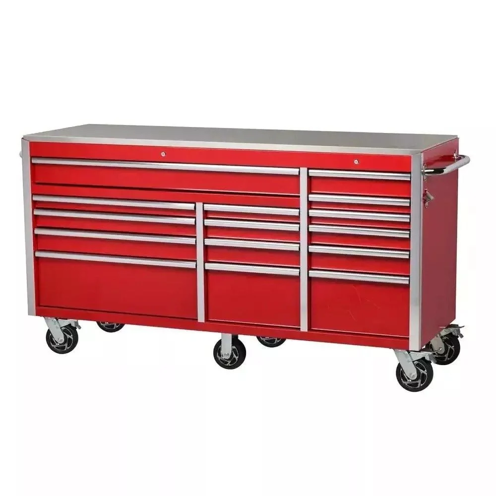 Coffre à outils mobile Husky robuste de 183 cm (L) x 61 cm (P) avec 15 tiroirs, plateau en acier inoxydable et double verrouillage, rouge.