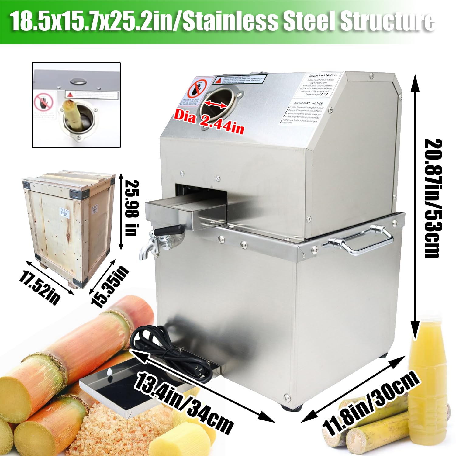 110V Electric Sugar Cane Juicer 800W Sugarcane Juicer Machine with 660LBS/H High Output, 3 Stainless Steel Rollers, 2.4