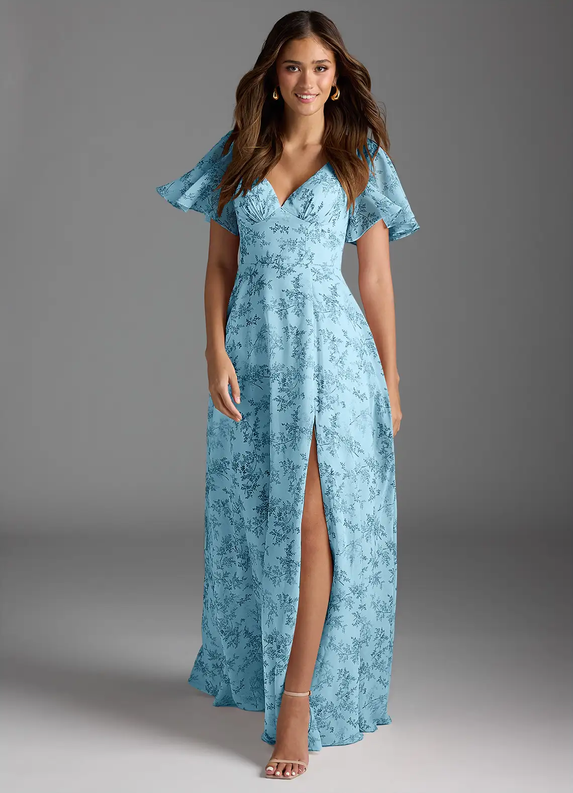 Blue Fern Floral A-Line Flounce Sleeve Chiffon Dress