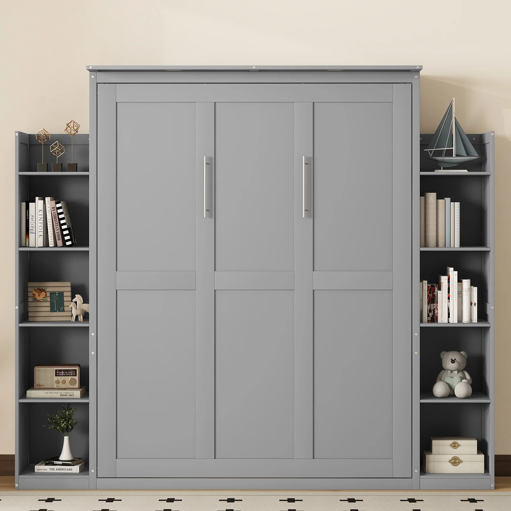 Aukfa Queen Size Murphy Bed with 5 - Tier Storage Shelf & LED Lights, Foldable Wall Bed Cabinet with Mattress Support, Space - Saving Design for Guest Room/Home Office, Gray