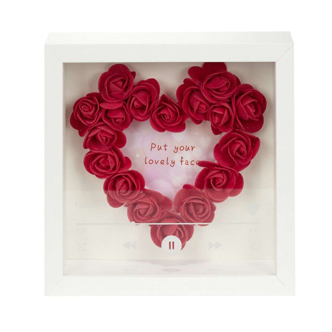 Cadre photo bois blanc avec coeur en roses rouges inscription I Love You 20x20cm