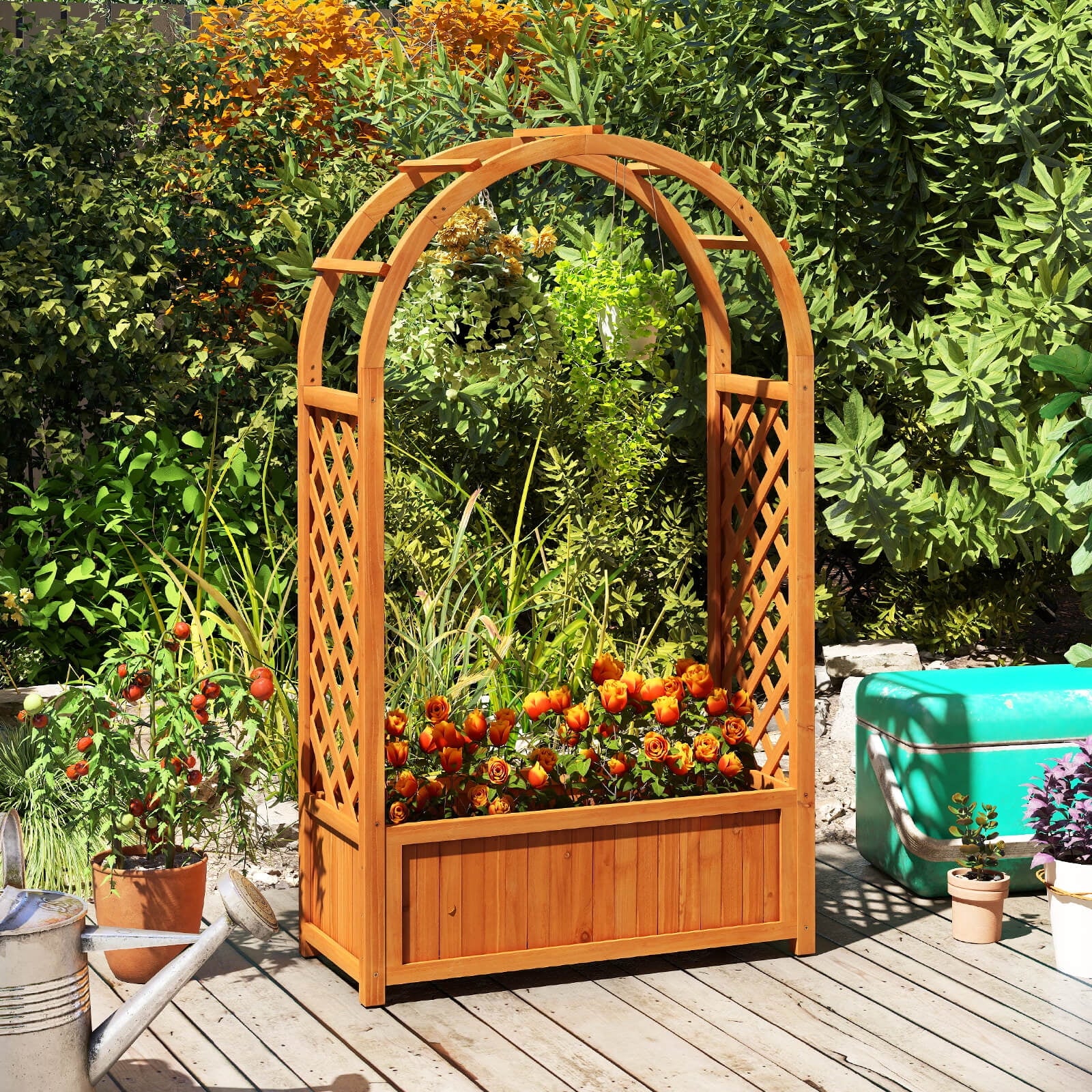 Costway 1 PCS Raised Garden Bed Wooden Elevated Planter Box with Lattice Trellis & Ached Roof