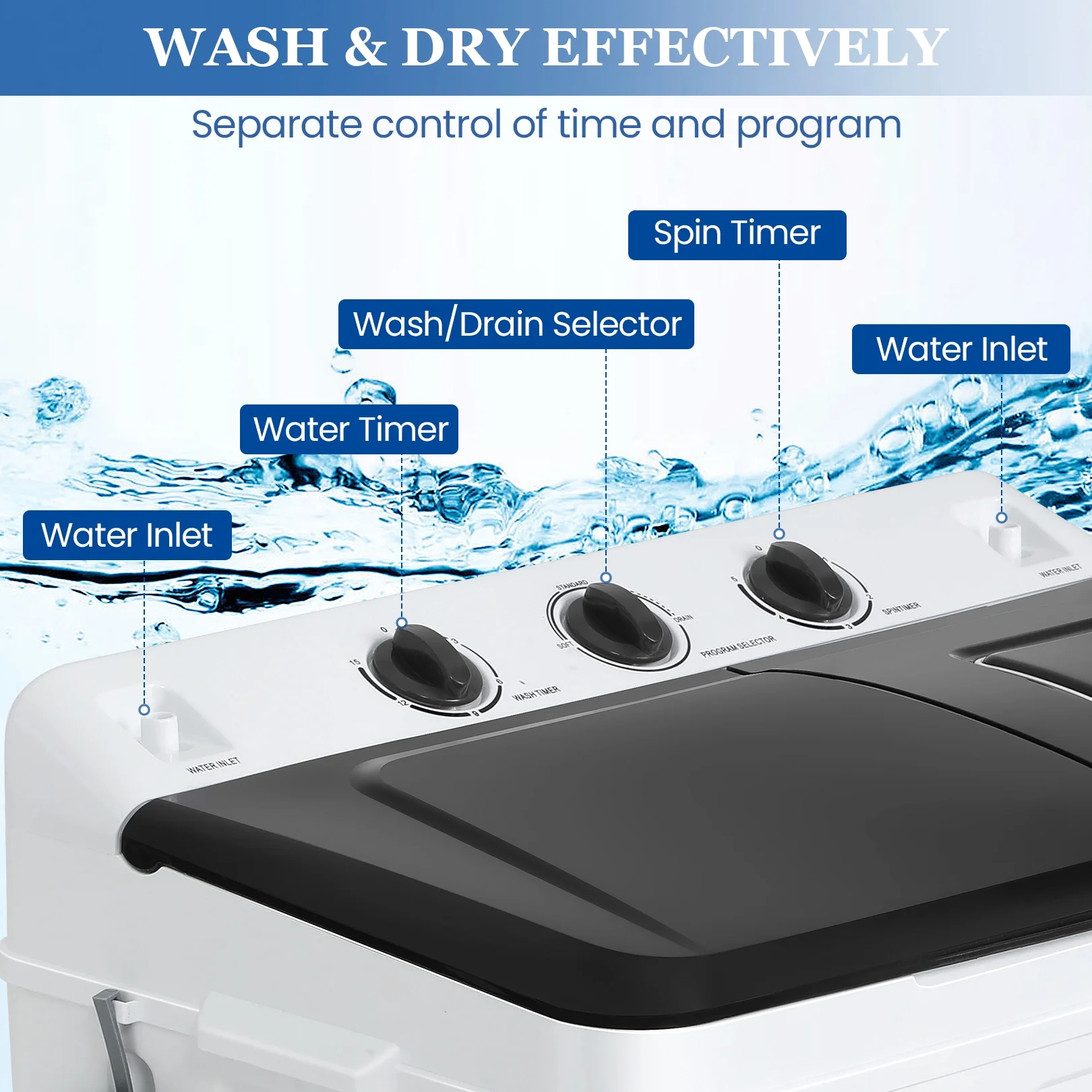Portable Washing Machine, 30LBS Twin Tub Mini Compact Laundry 19lbs Washer/11lbs Spinner with Drain Pump Time Control Washer Spinner Combo, White(30LBS White) Image 10