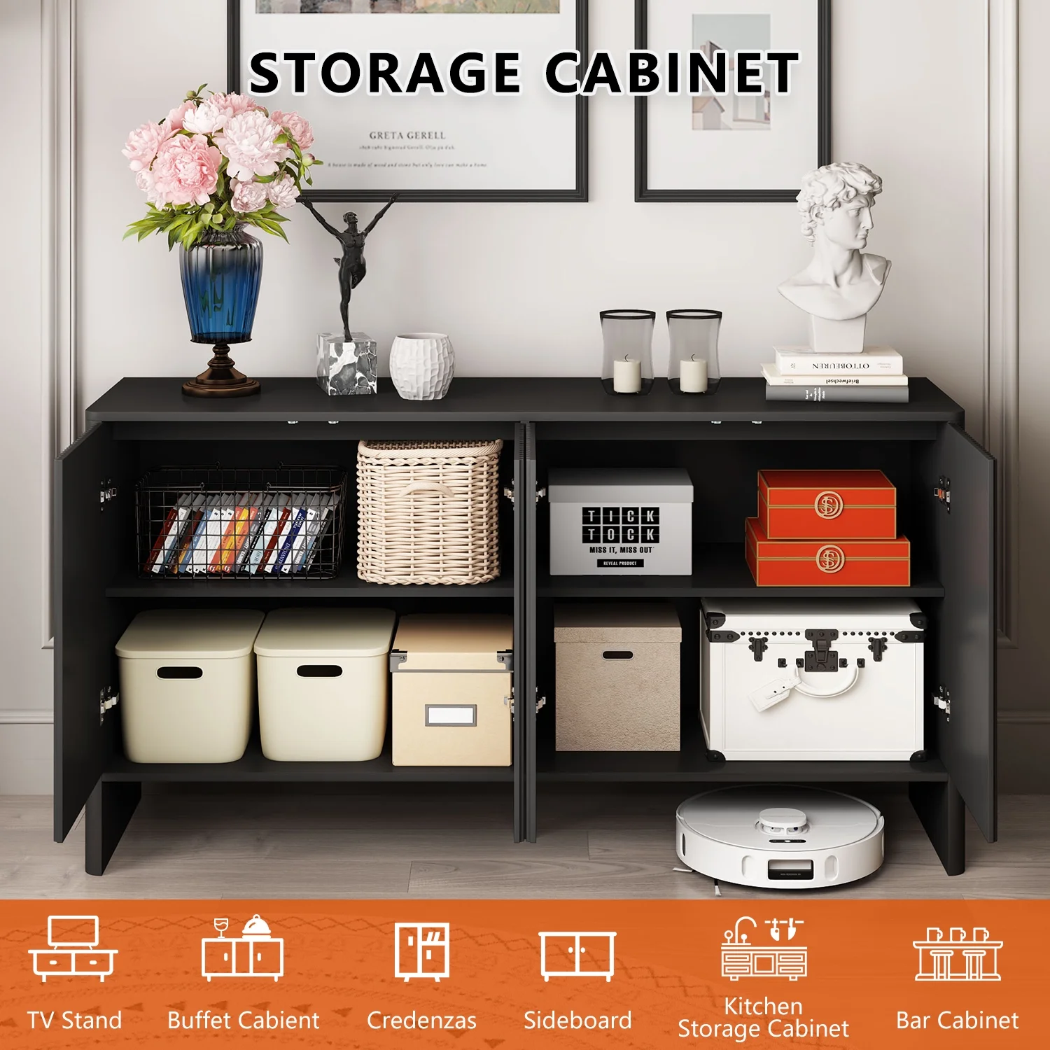 Sideboard Storage Cabinet with Doors and Shelves, Buffet Cabinet with Storage, Credenza Storage Cabinet for Kitchen, Wooden Fluted Cabinet, Under TV Cabinet with Storage Black(Black) - Image 10
