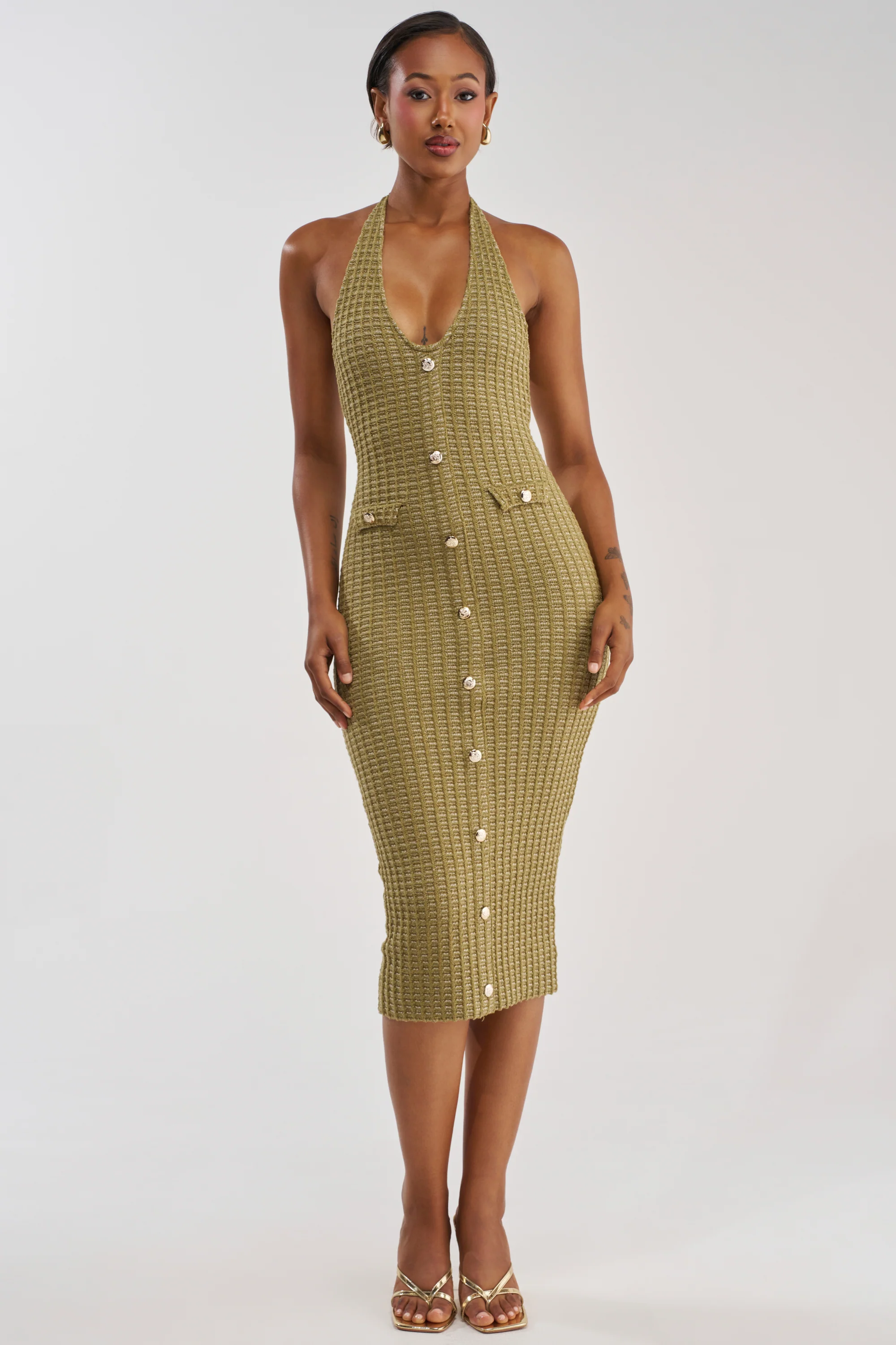 BUTTONED DOWN BADDIE MIDI DRESS IN OLIVE - Akira Store