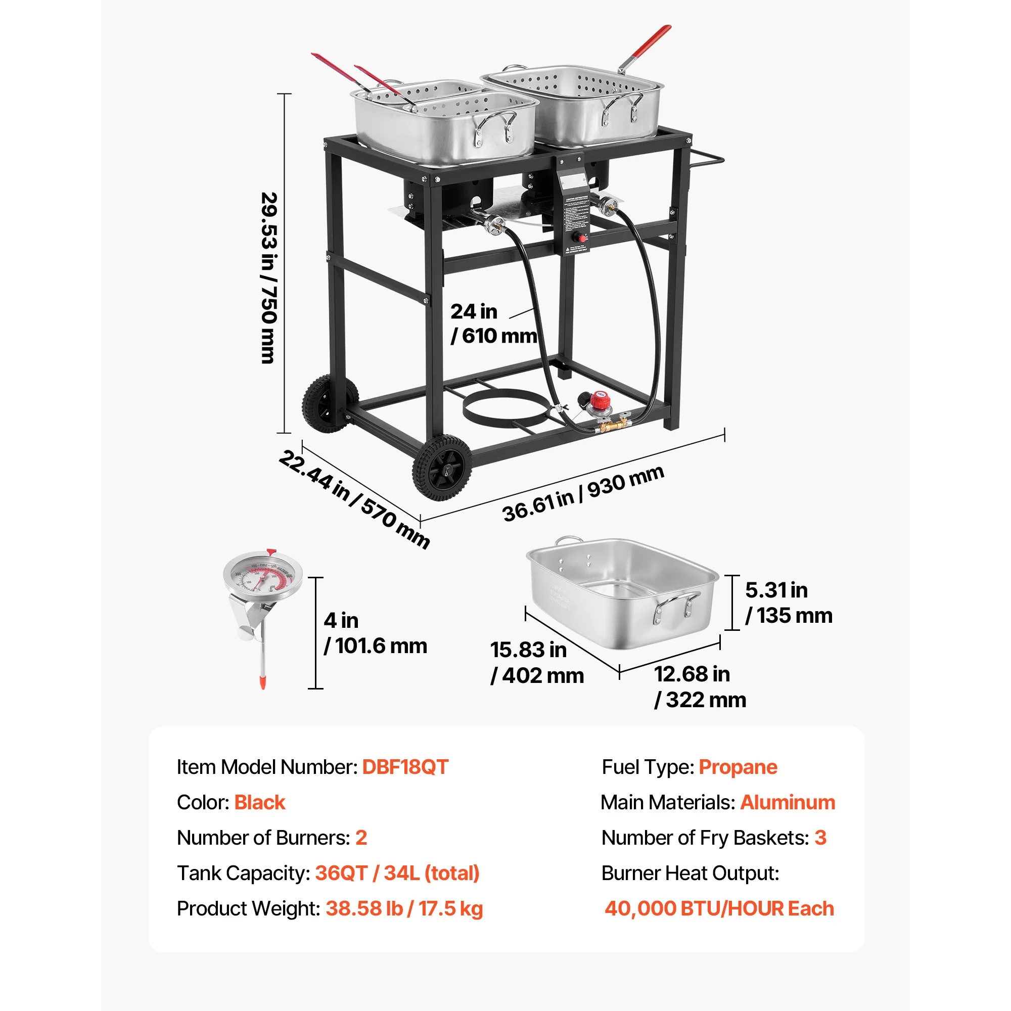 Outdoor Propane Deep Fryer, Dual-Tank 18QT x 2 Commercial Fryer, Portable Frying Cart with Wheels, 3 Baskets, 2 Thermometers, Stainless Steel Cooker for Fish, Wings, and Fries, 40,000 BTU - Image 7