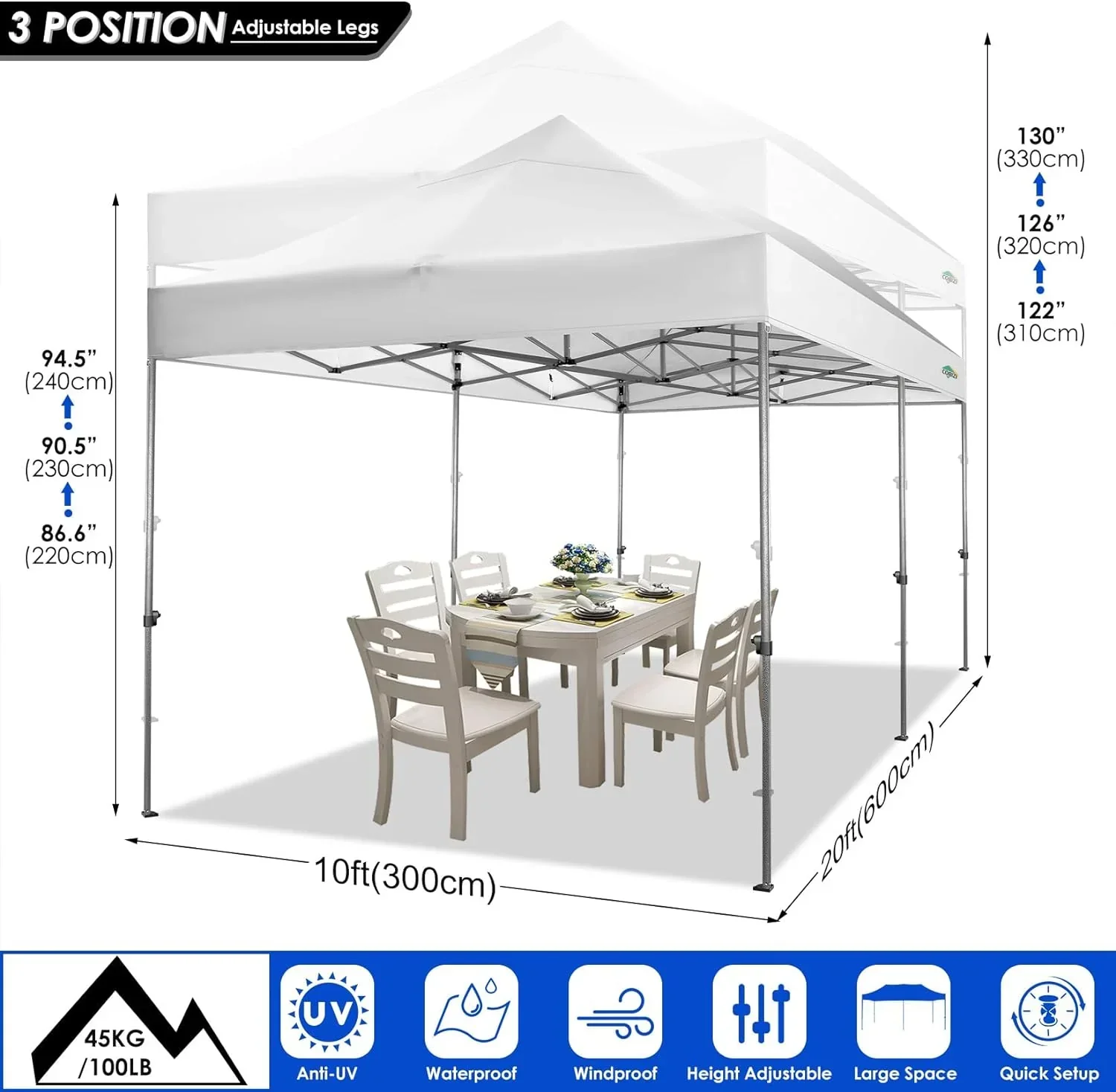Tente pliante robuste COBIZI 10x20, 6 parois latérales, pour événements commerciaux, mariages et réceptions