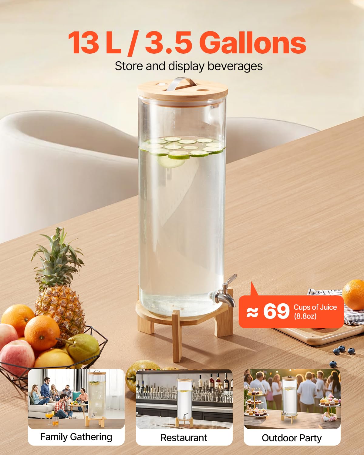 Beverage Dispenser, 3.5 Gallon Drink Dispensers for Parties, Glass Juice Dispenser with Wood Stand, Stainless Steel Spigot, Iced Tea Lemonade Juice Water Dispensers for Parties