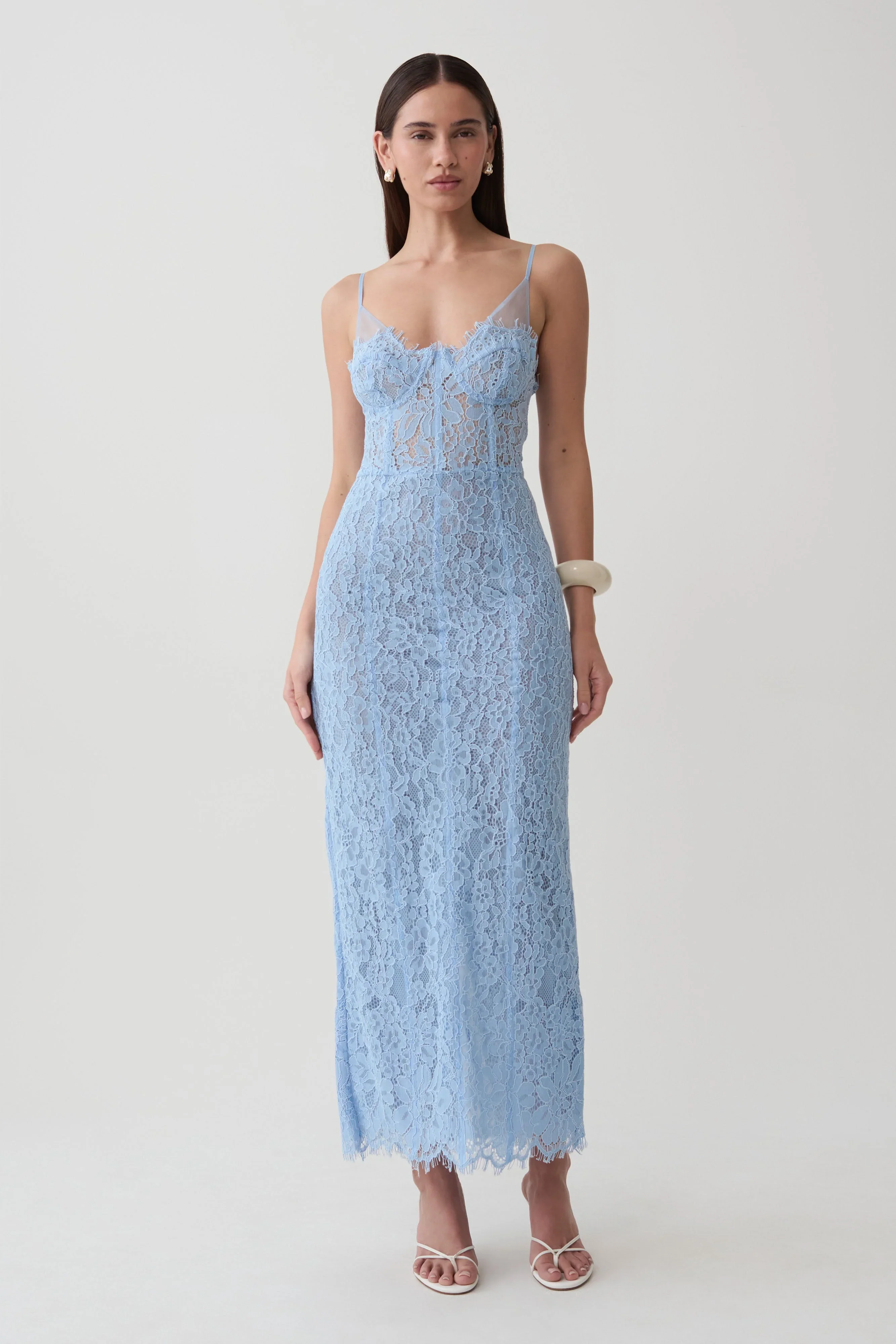 Ottilie Lace And Mesh Midi Dress - Sky Blue
