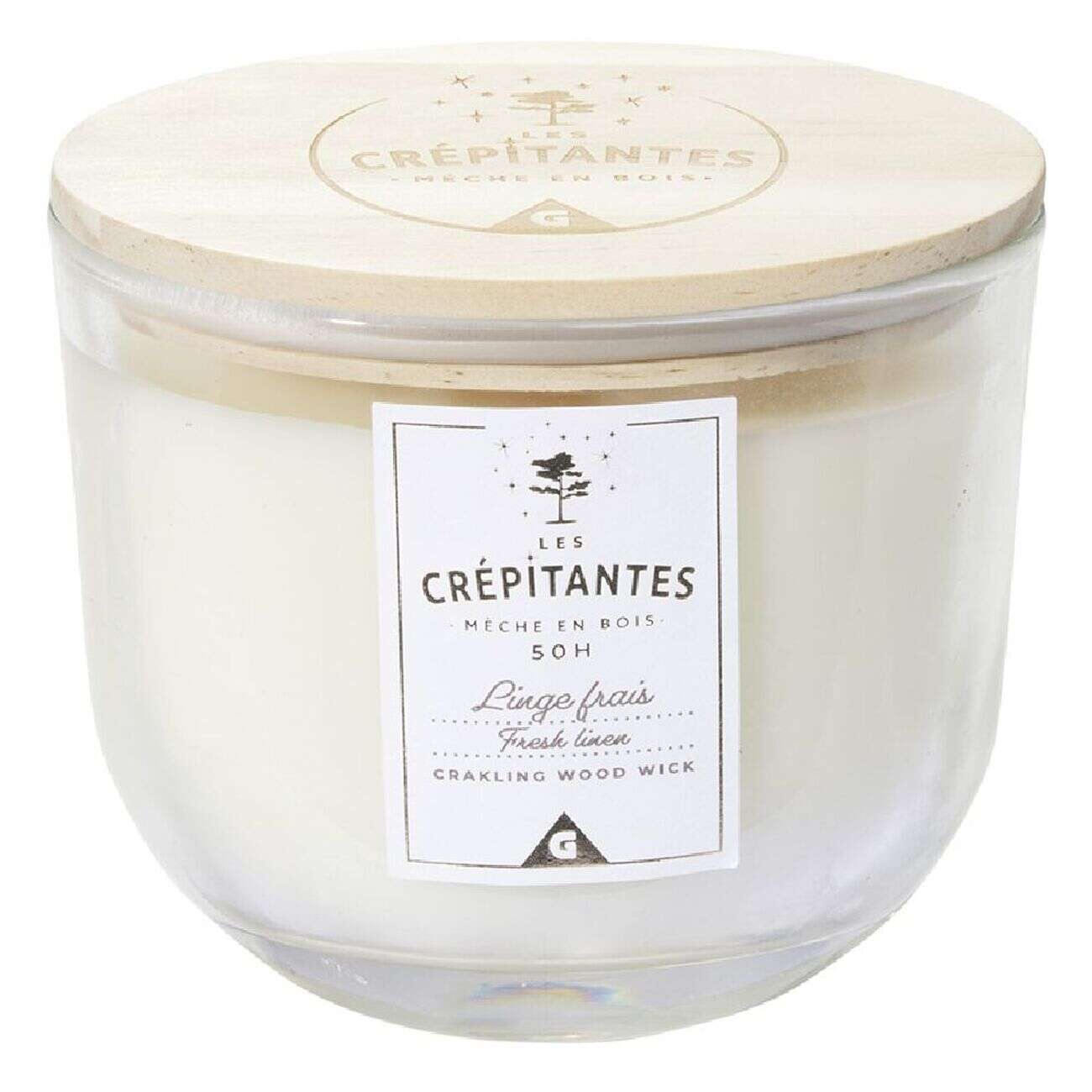 Bougie parfumée blanche Les crépitantes senteur linge frais 50H