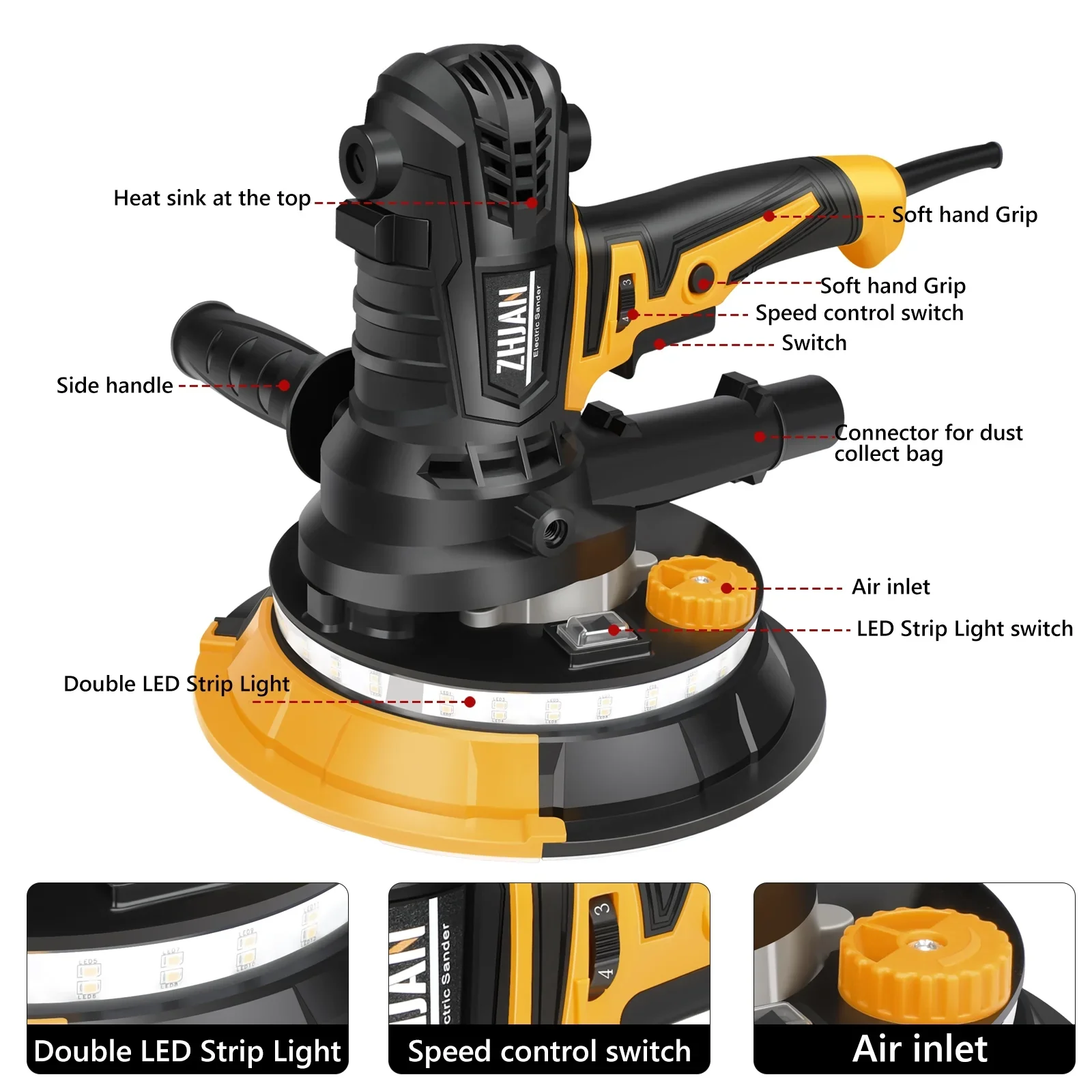 7 900W Electric Drywall Sander with Vacuum & LED - 1400-2700RPM with 12 Discs