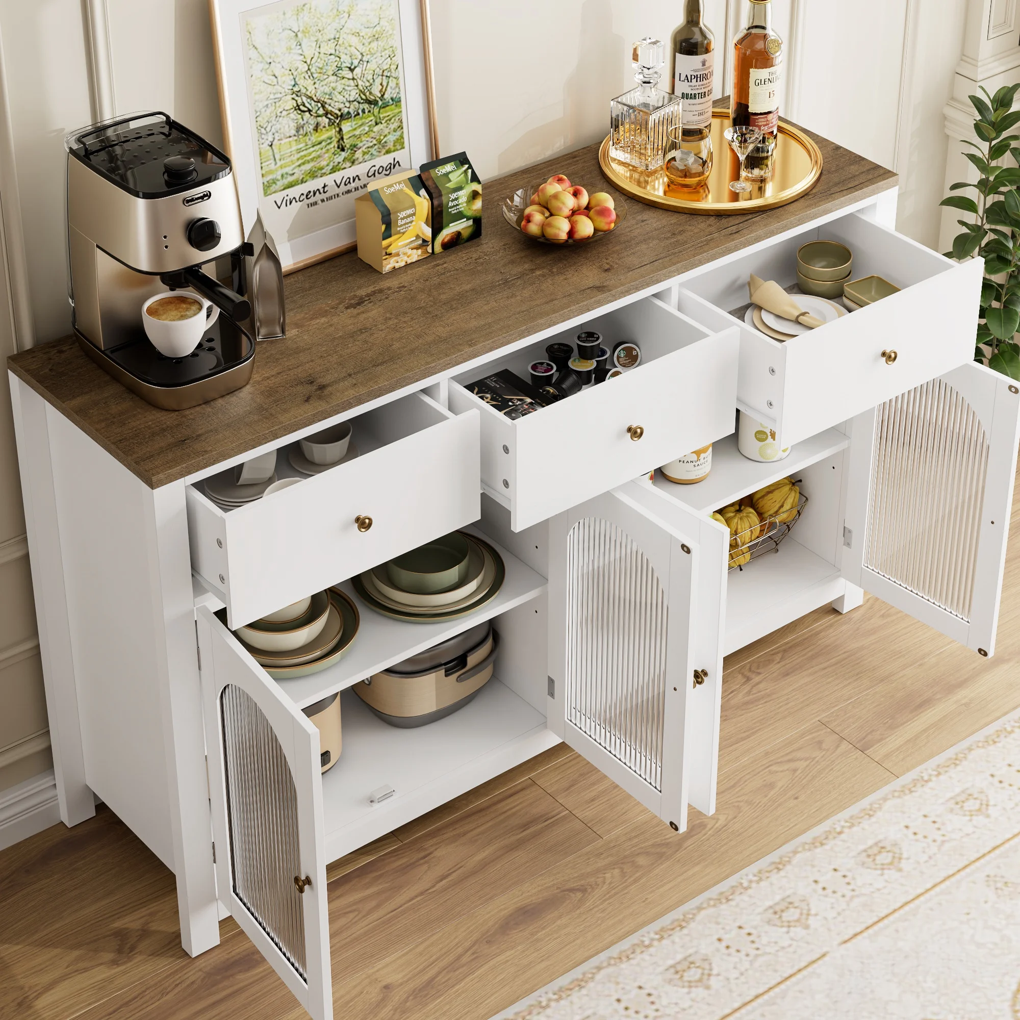55'' Large Sideboard Buffet Cabinet, Kitchen Storage Cabinet with 3 Drawers and 4 Glass Doors, Wood Coffee Bar Cabinet for Living Room, White(White) - Image 8