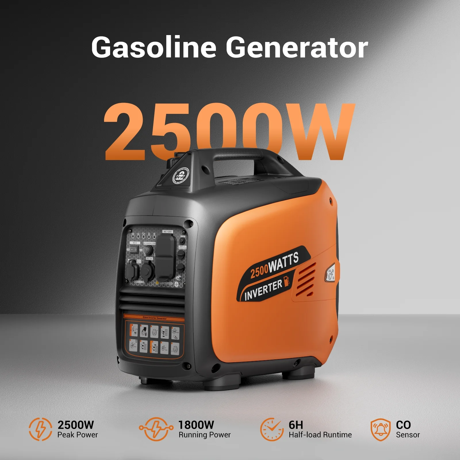 2500-Watt Portable Inverter Generator Gas Powered, EPA Compliant, Parallel Capability, CO Shutdown, Low Noise for Camping and Home Use(Black and Orange) - Image 2