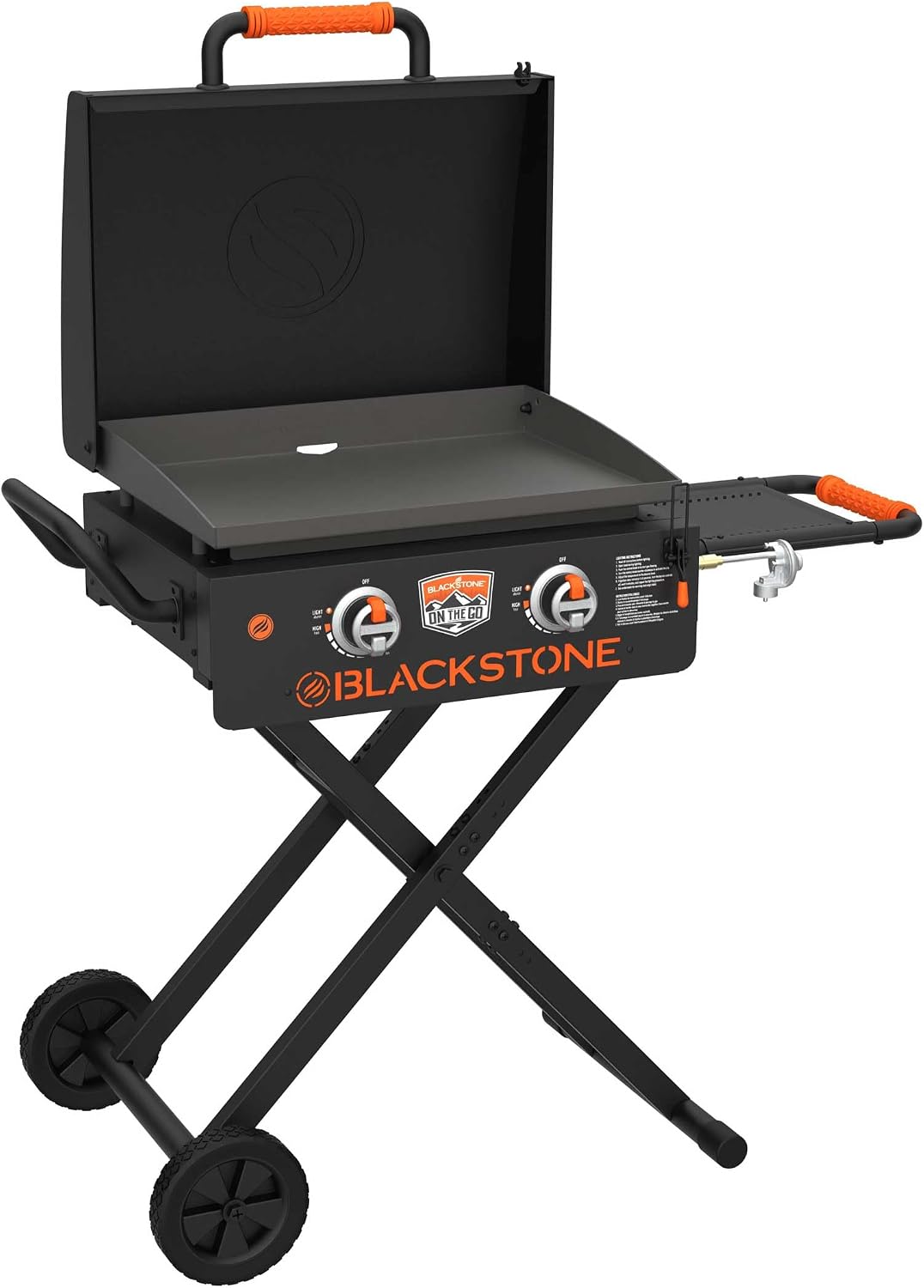 BLACKSTONE 22” On The Go Scissor-Leg Griddle with Two Burners - Stainless Steel Gas Griddle with Hood, Wheels, Side Shelf – Heavy Duty Outdoor Stainless Steel Griddle for Backyard, Patio Camping – 1935