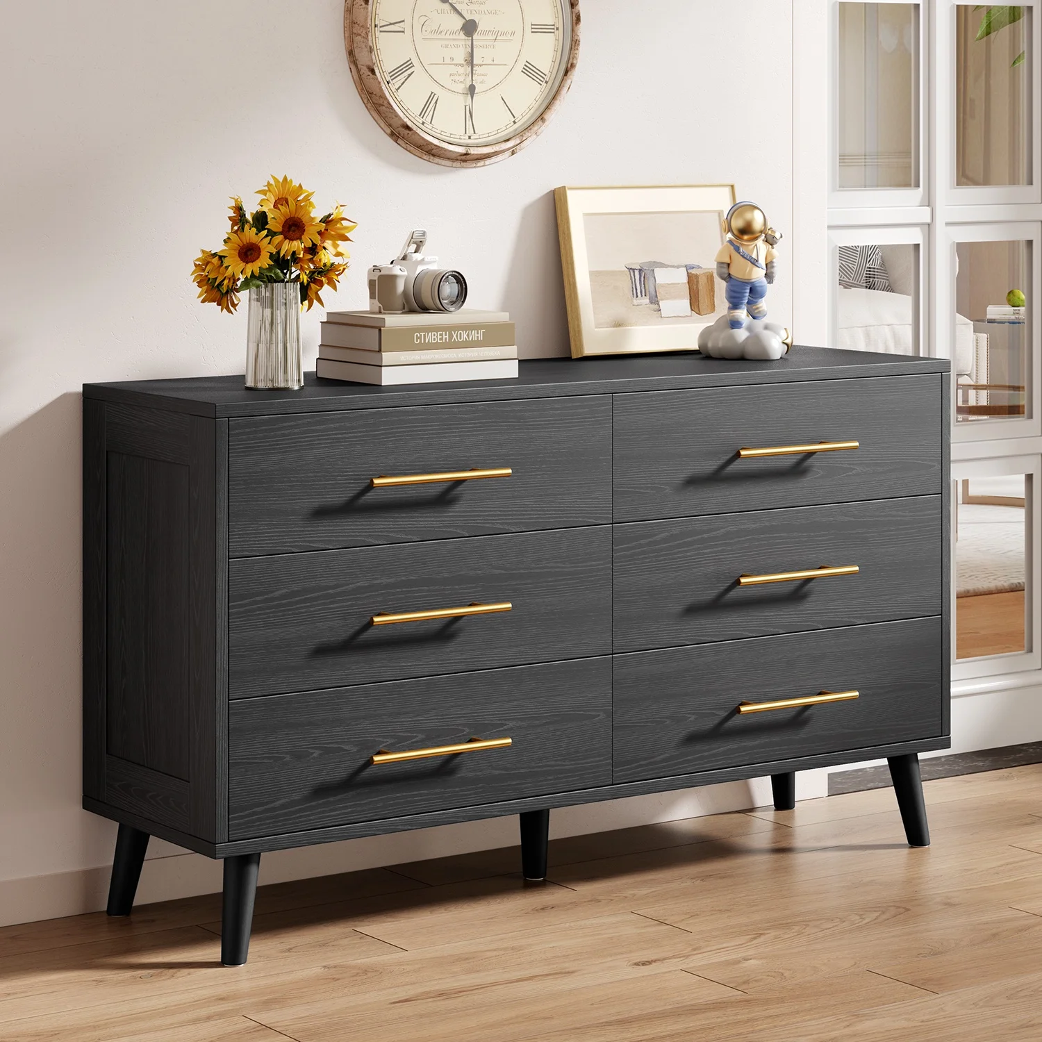 3 Piece Bedroom Furniture Set, 6 Drawer Dresser with 2 Nightstands, Modern Wood Storage Organizer with Metal Handles for Bedroom, Living Room,Black(Black) - Image 8