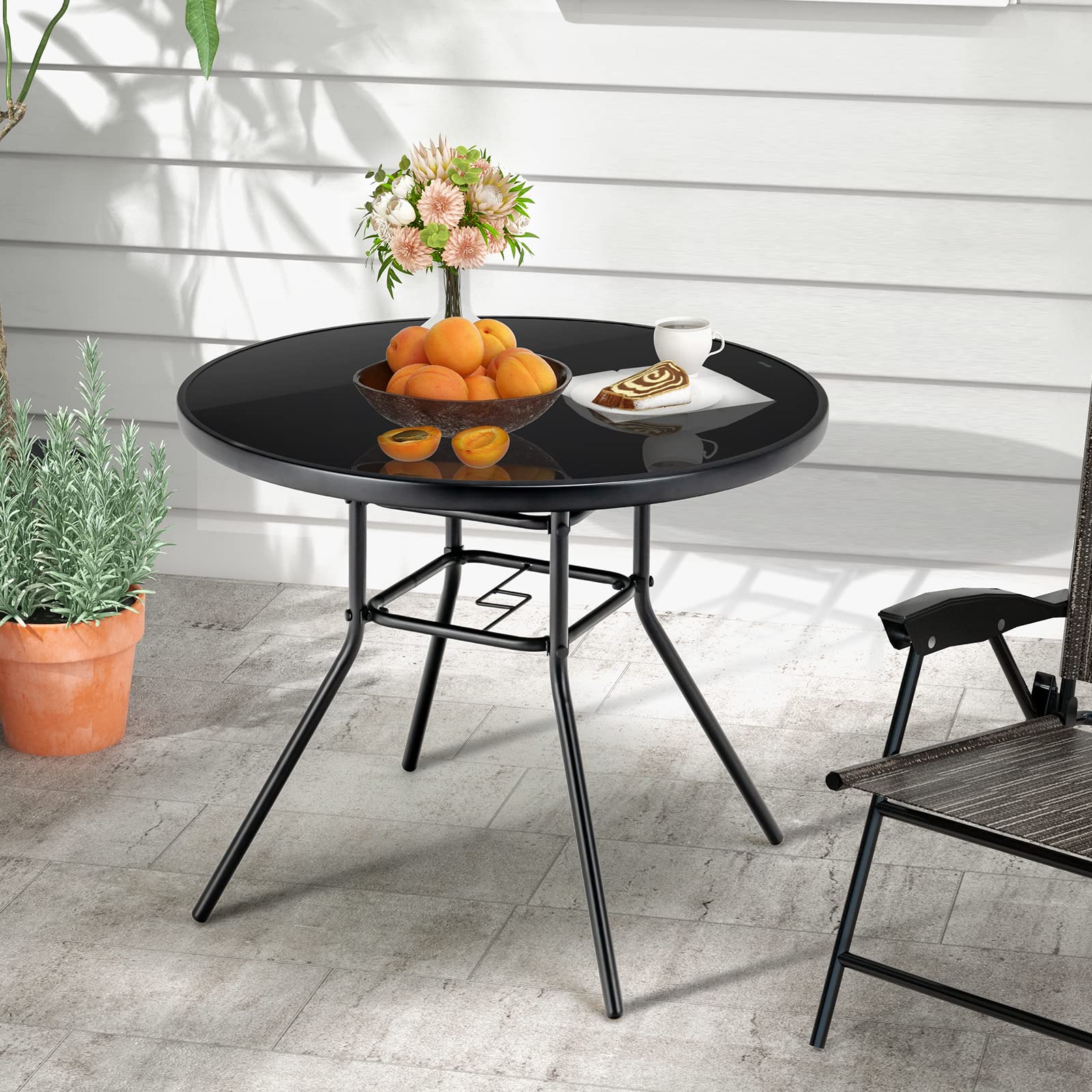 Tangkula 34 Inch Patio Dining Table, Round Tempered Glass Table with 1.5