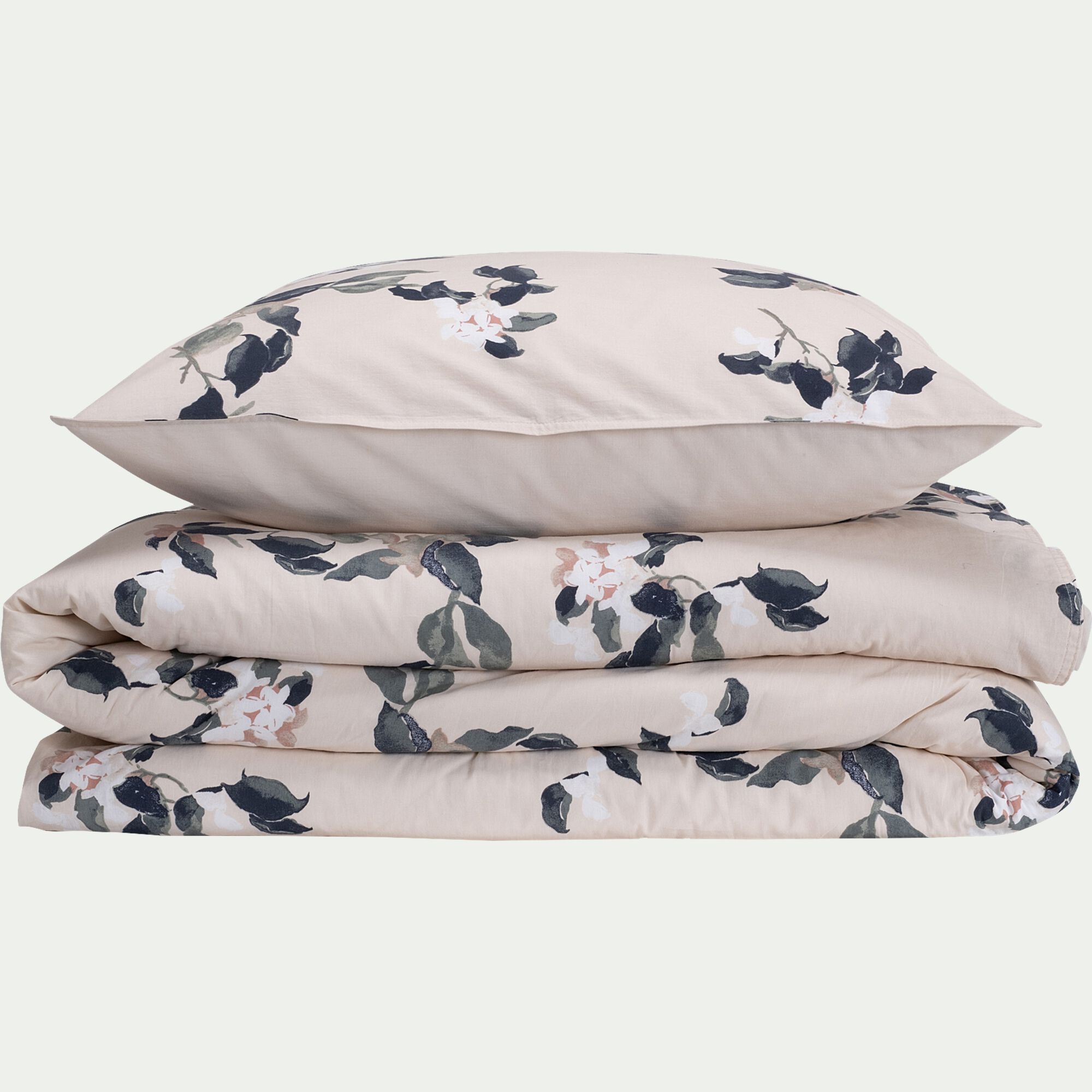 LINH - Housse de couette 240x220cm et 2 taies d'oreiller 63x63cm en coton lavé à motif floral - blanc