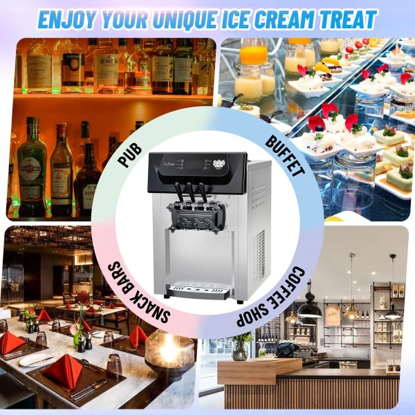 Machine à glace professionnelle 2200 W, 3 parfums de glace à l'italienne, débit de 5,3 à 7,4 gal/h, écran tactile LCD, nettoyage automatique, haute productivité pour la maison, les bars à snacks et les restaurants.