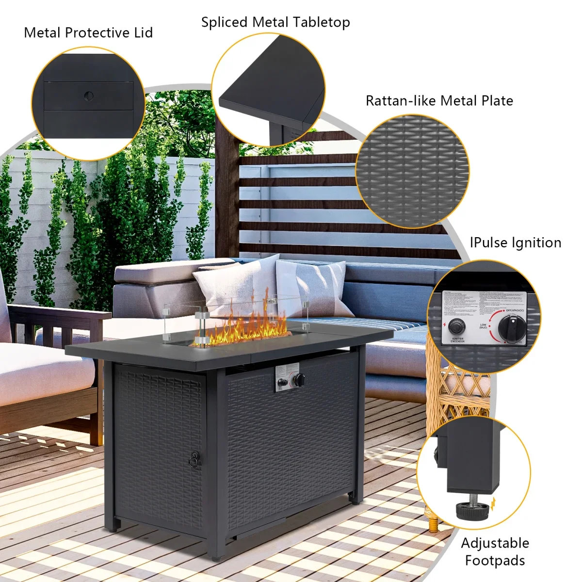 43 in Propane Fire Pit Table, 50,000 BTU Auto-Ignition Fire Pit Table, Gas Fire Pits for Outside with Glass Stone and Waterproof Cover, Grey Rattan, CSA Certification for Garden/Patio/Backyard