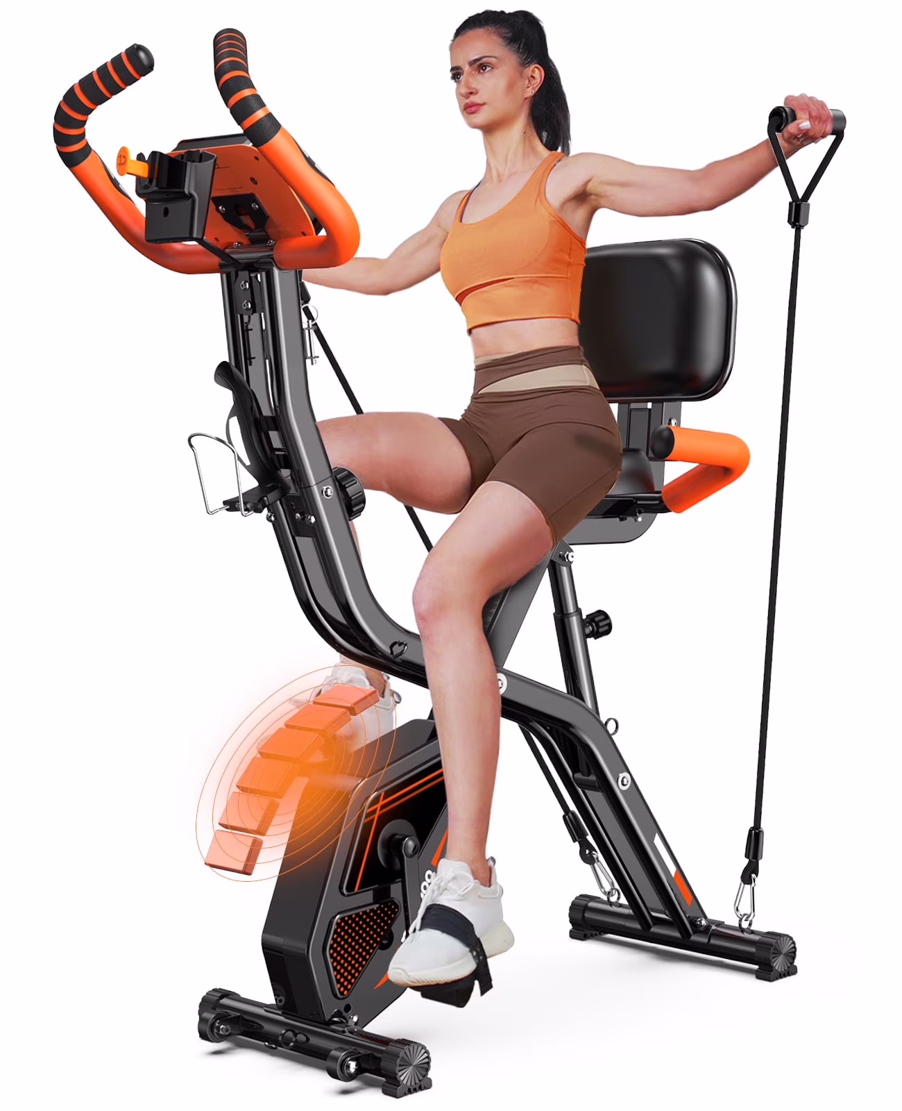 Pooboo 4 - in - 1 Exercise Bike, Foldable Stationary Bike, Tri - Position Indoor Cycling Bike with 8 - Level Resistance, Arm Resistance Bands, Pulse Sensor & Back Support Cushion for Home Gym Workout