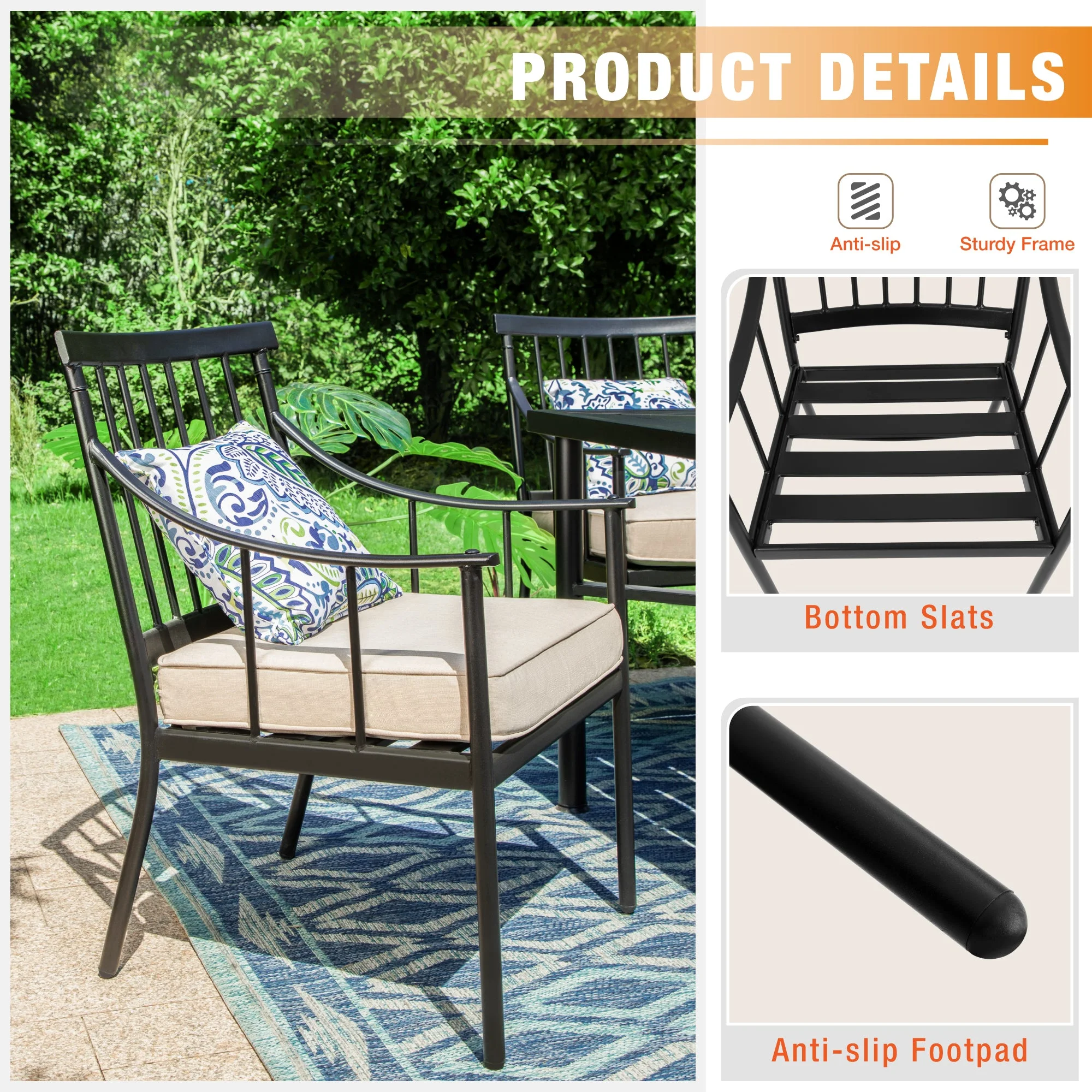 5-Piece Outdoor Patio Dining Set Metal Padded Chairs and Table Set(4 Seat-37" Square Table) - Image 5