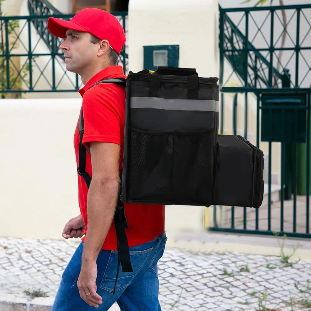 Large Insulated Food Delivery Bag, Expandable Cooler Backpack for Doordash Uber Eats, Reflective Strip Cup Holders, Reusable Pizza Carrier with Hand Straps, Bike Motorcycle Use