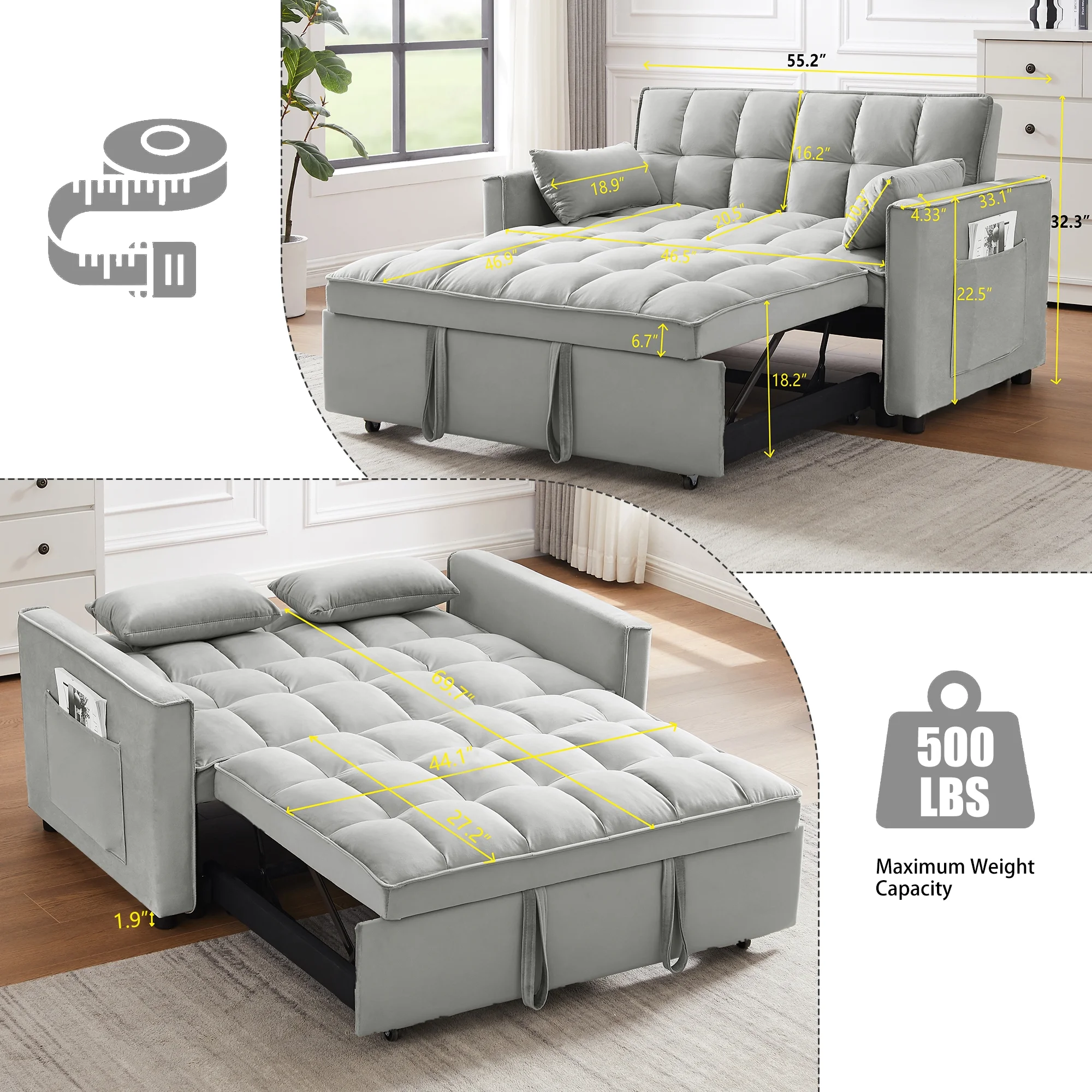 55 Inch Convertible Futon Sofa Bed,Modern Loveseat Sleeper Sofa Couch with Pull-Out Sofa Bed for Living Room,Small Space Black(Black02) - Image 10